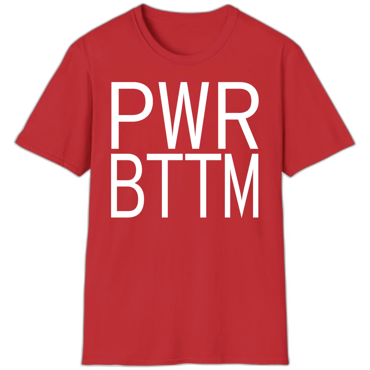 PWR BTTM pride shirt design with bold white sans-serif lettering stacked vertically on gray background in Red