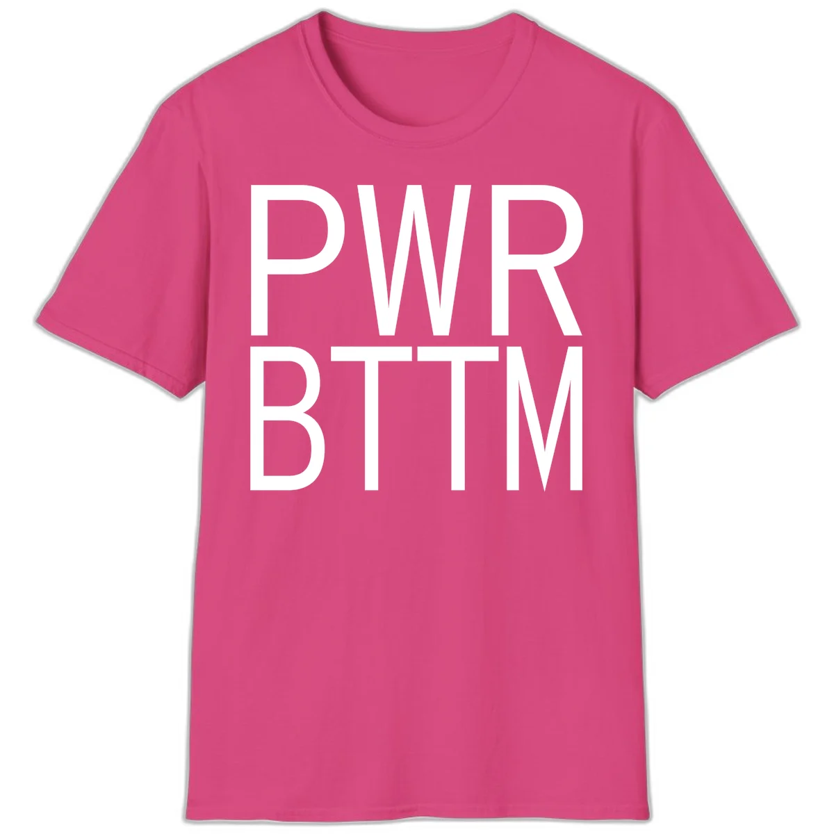PWR BTTM pride shirt design with bold white sans-serif lettering stacked vertically on gray background in Heliconia