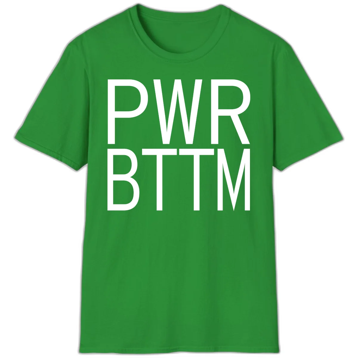 PWR BTTM pride shirt design with bold white sans-serif lettering stacked vertically on gray background in Irish Green