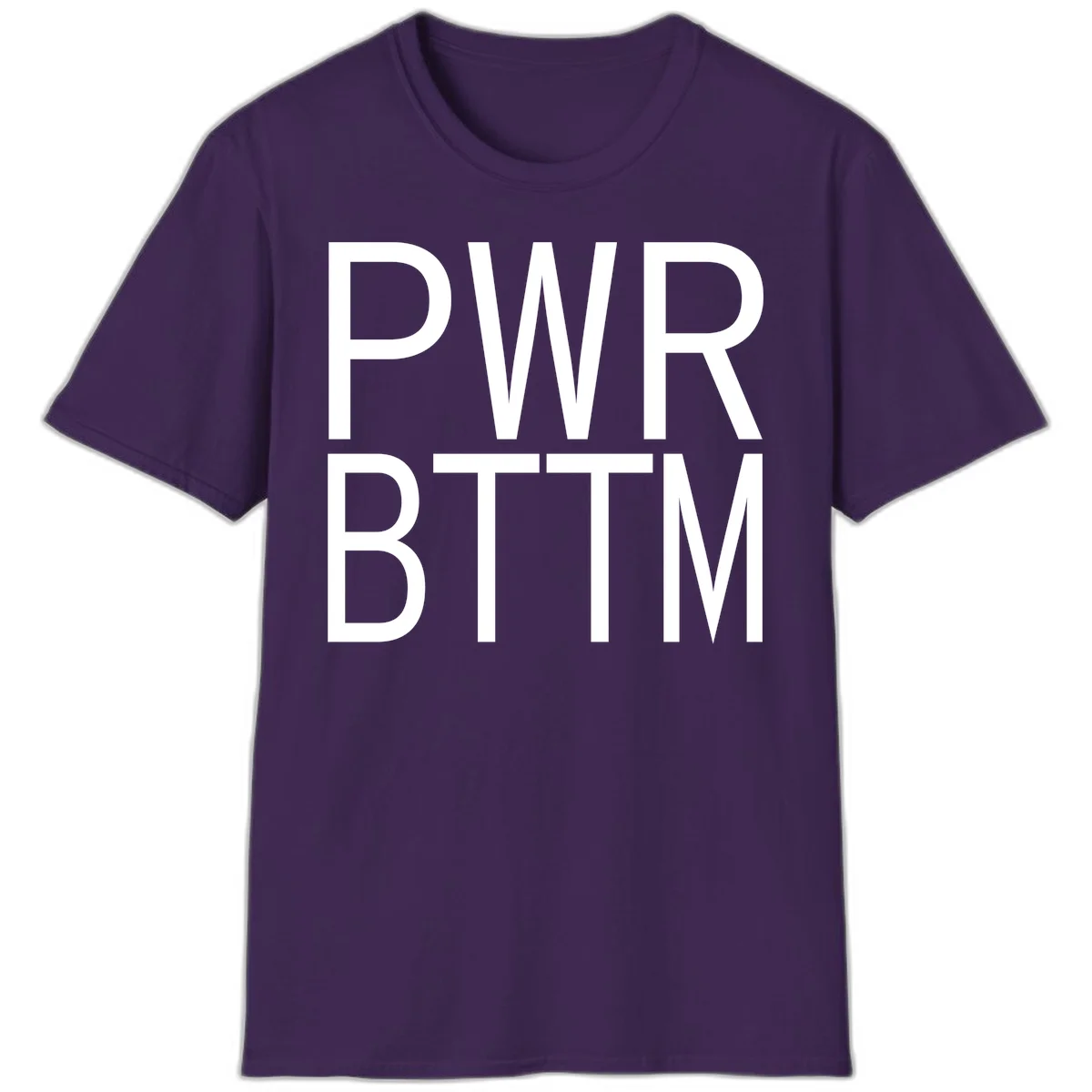 PWR BTTM pride shirt design with bold white sans-serif lettering stacked vertically on gray background in Purple