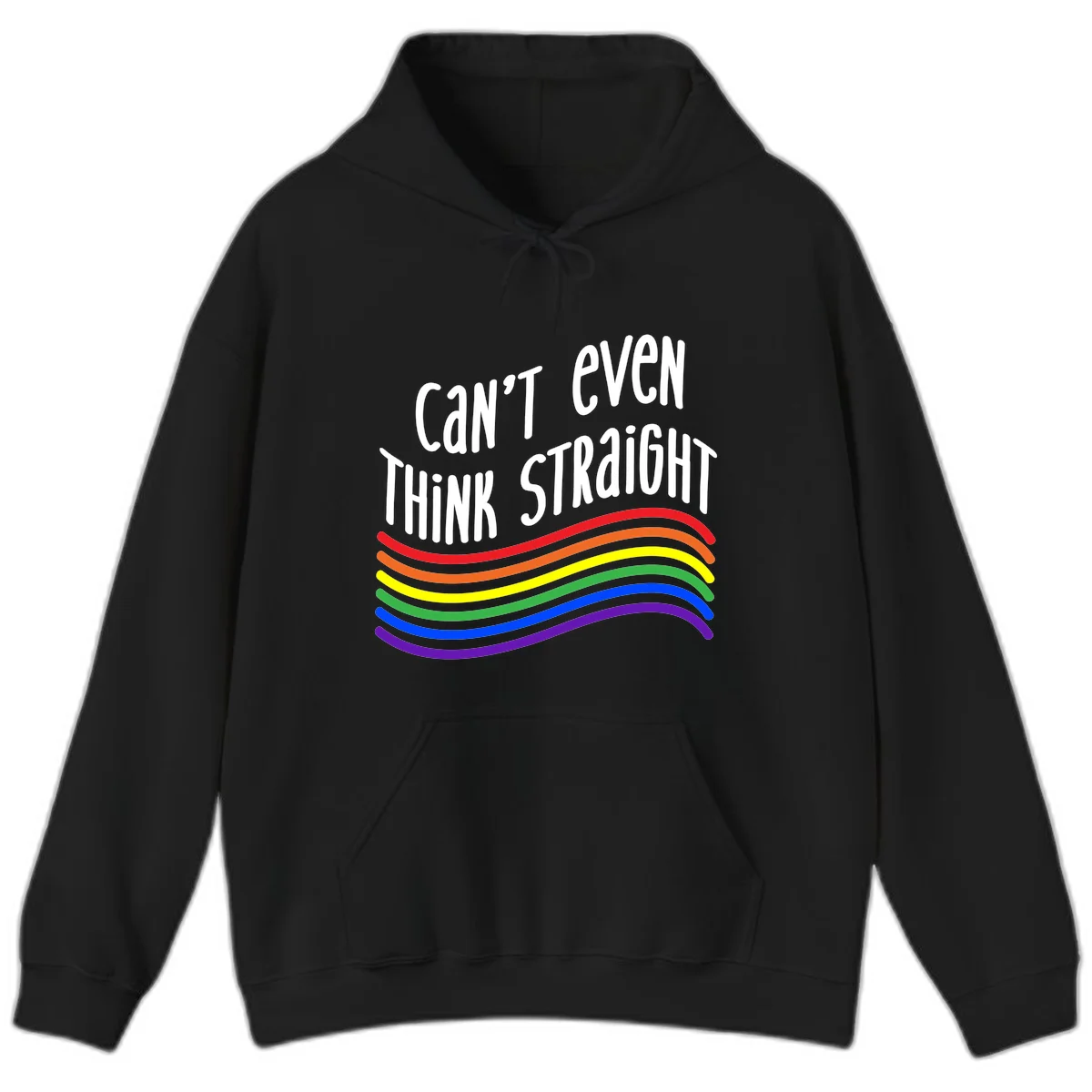 Design with white text 'Can't Even Think Straight' above flowing rainbow-colored wavy lines in pride flag colors on gray background in Black