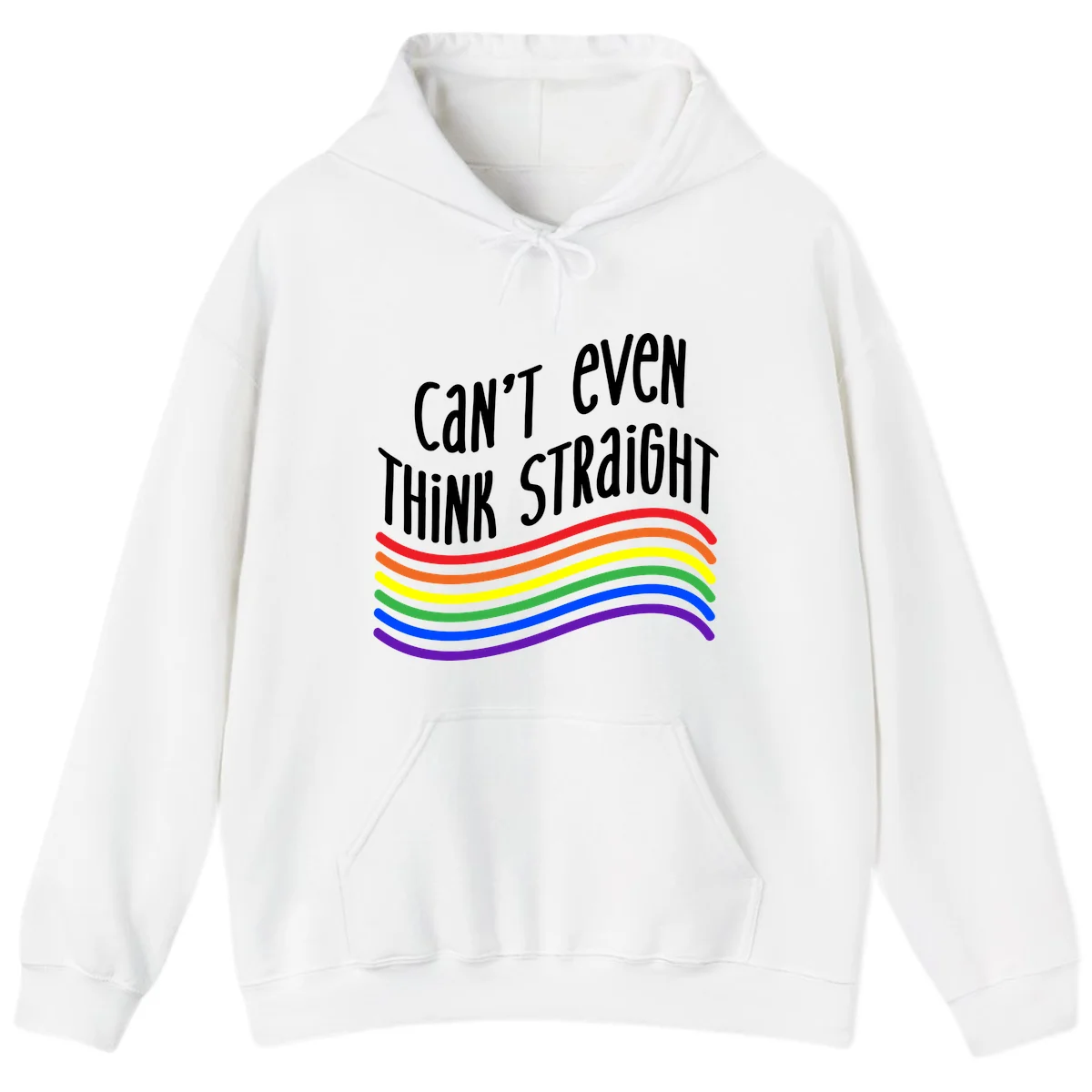 Design with white text 'Can't Even Think Straight' above flowing rainbow-colored wavy lines in pride flag colors on gray background in White