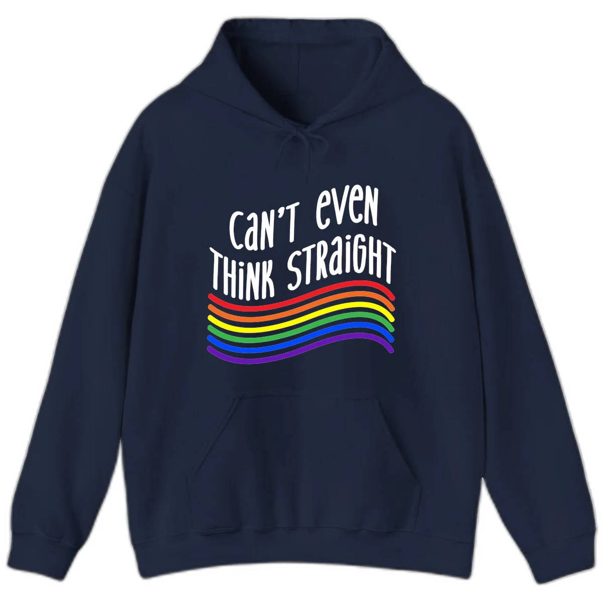 Design with white text 'Can't Even Think Straight' above flowing rainbow-colored wavy lines in pride flag colors on gray background in Navy