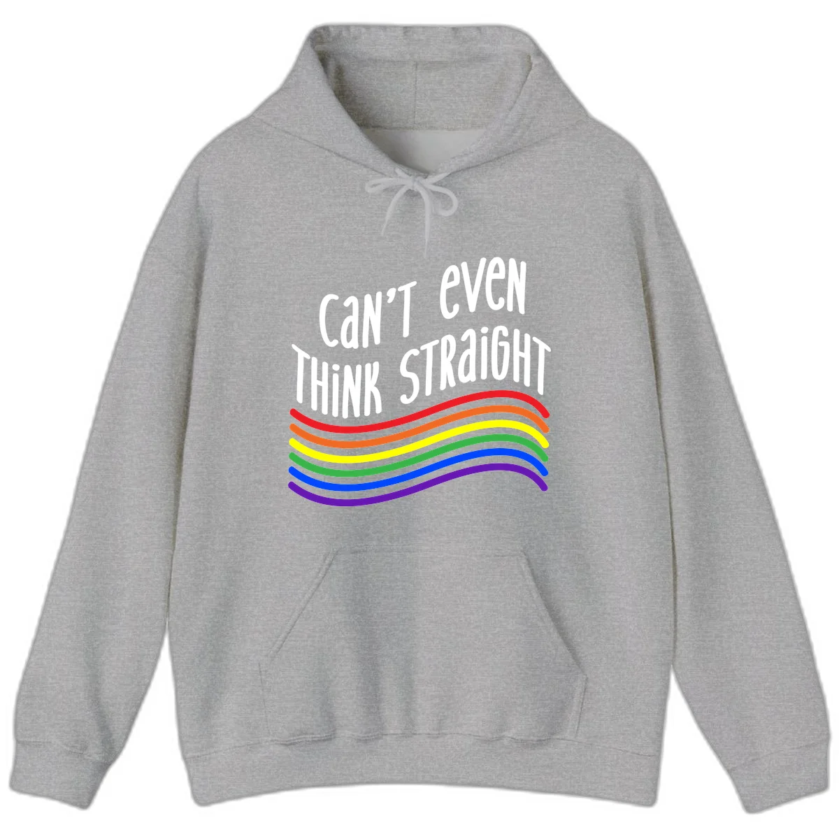 Design with white text 'Can't Even Think Straight' above flowing rainbow-colored wavy lines in pride flag colors on gray background in Sport Grey