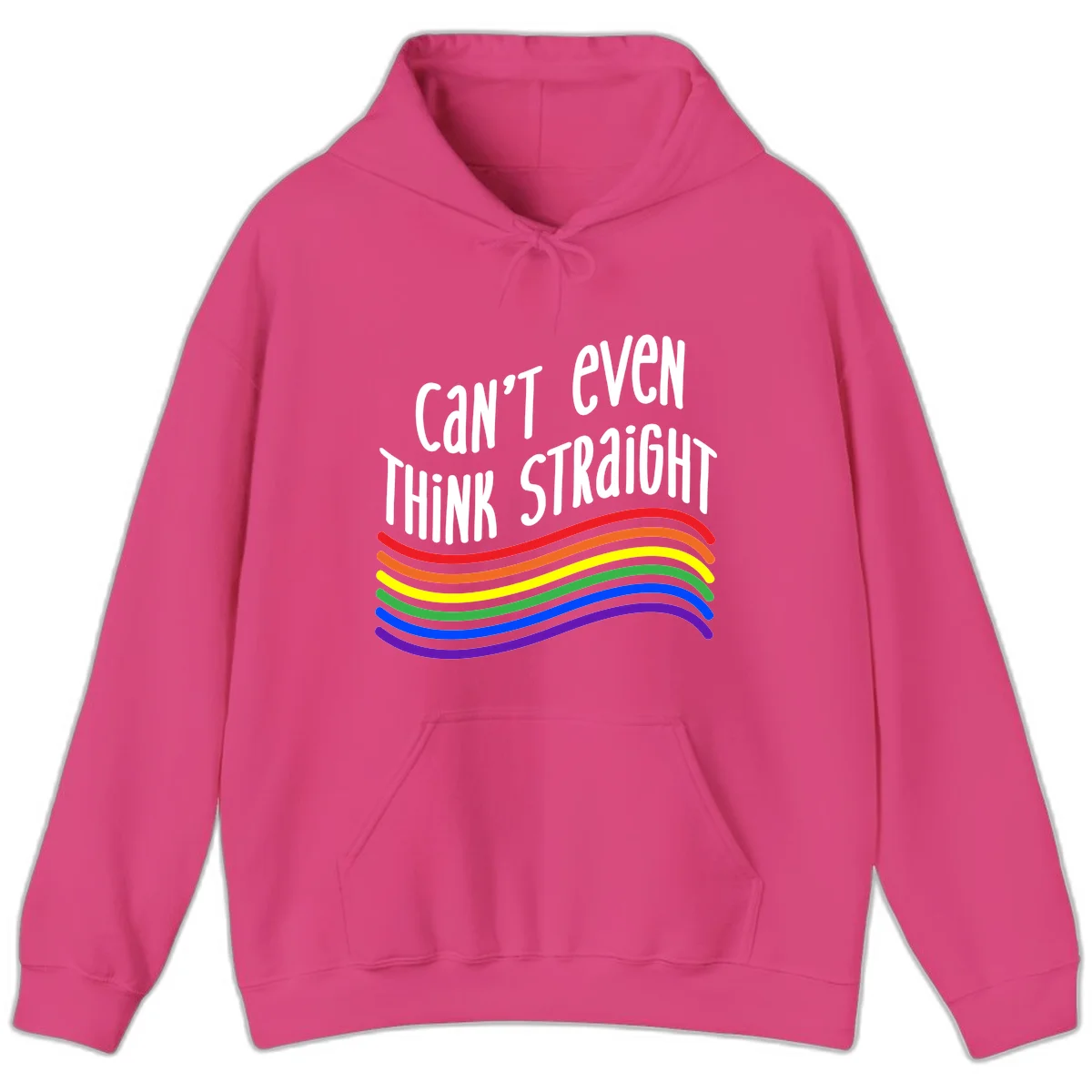 Design with white text 'Can't Even Think Straight' above flowing rainbow-colored wavy lines in pride flag colors on gray background in Heliconia