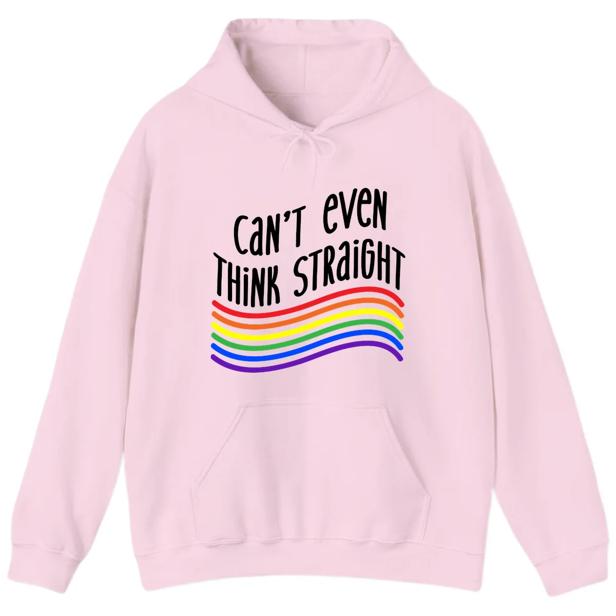 Design with white text 'Can't Even Think Straight' above flowing rainbow-colored wavy lines in pride flag colors on gray background in Light Pink