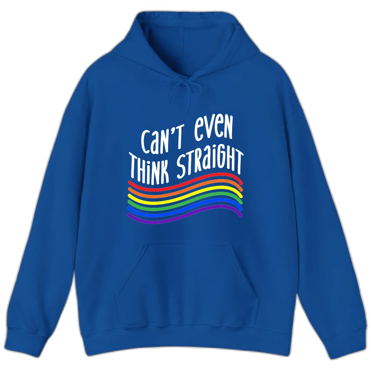 Design with white text 'Can't Even Think Straight' above flowing rainbow-colored wavy lines in pride flag colors on gray background in Royal