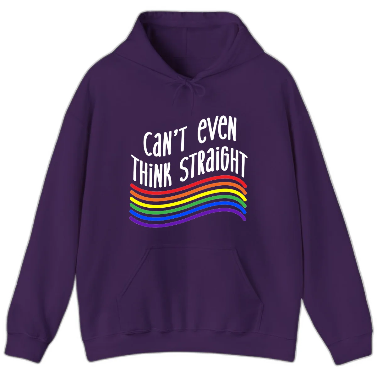 Design with white text 'Can't Even Think Straight' above flowing rainbow-colored wavy lines in pride flag colors on gray background in Purple