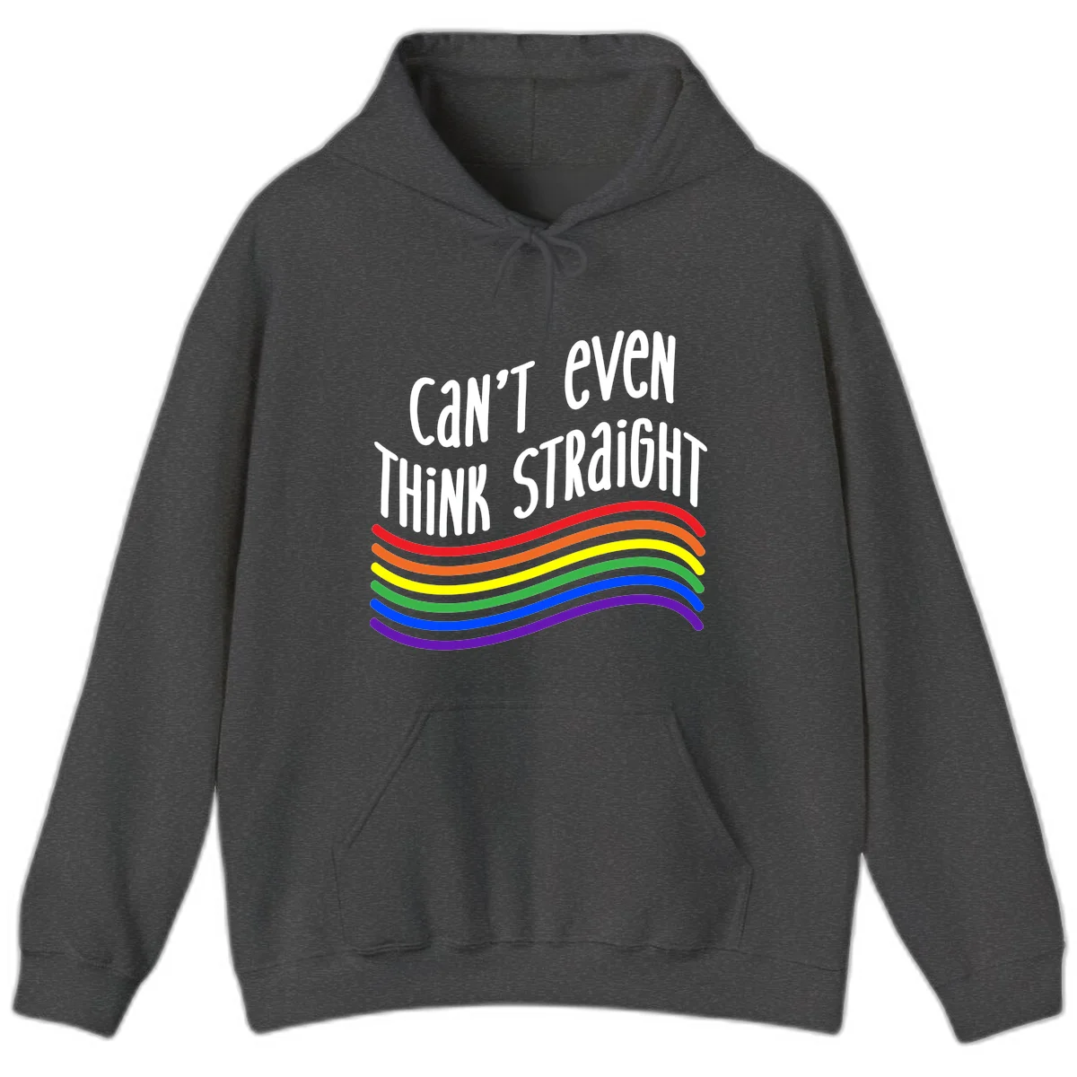 Design with white text 'Can't Even Think Straight' above flowing rainbow-colored wavy lines in pride flag colors on gray background in Dark Heather