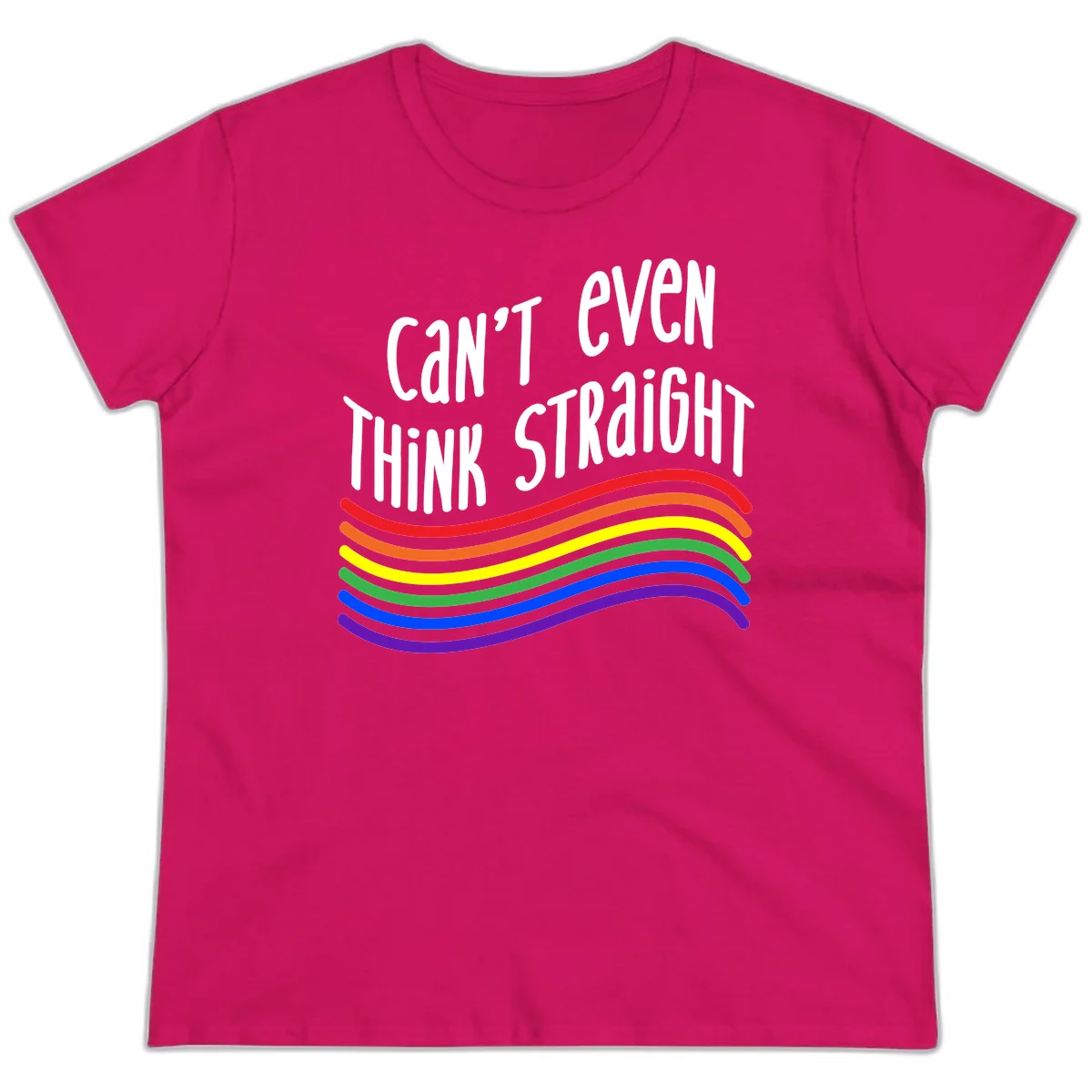 Design with white text 'Can't Even Think Straight' above flowing rainbow-colored wavy lines in pride flag colors on gray background in Heliconia