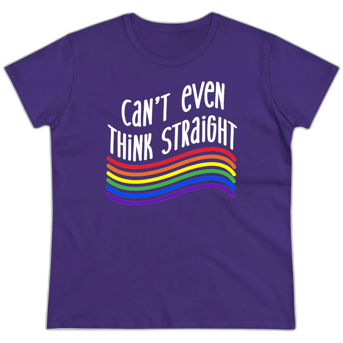 Design with white text 'Can't Even Think Straight' above flowing rainbow-colored wavy lines in pride flag colors on gray background in Purple
