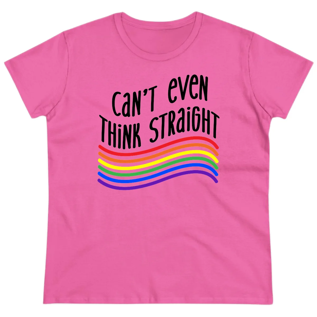 Design with white text 'Can't Even Think Straight' above flowing rainbow-colored wavy lines in pride flag colors on gray background in Azalea