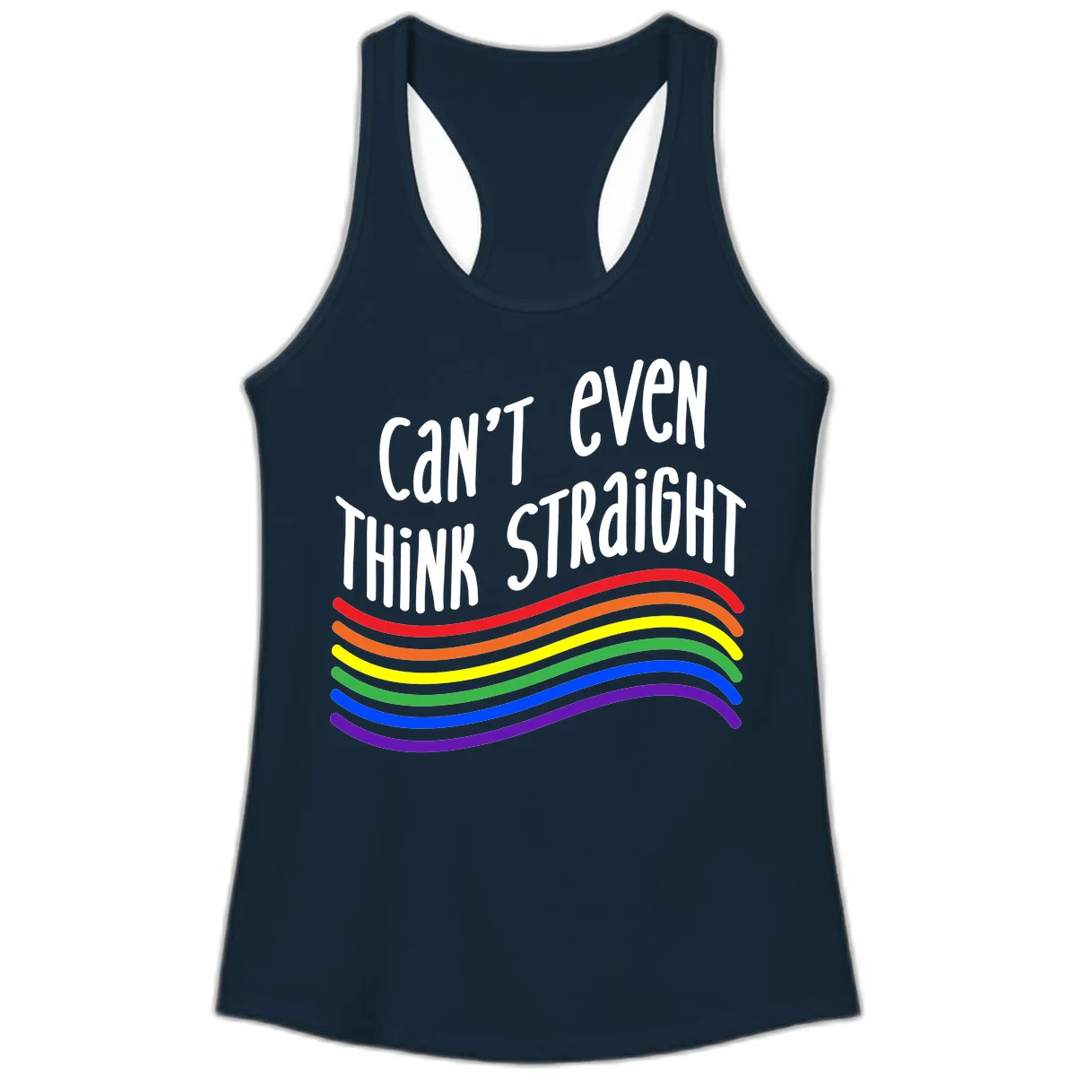 Design with white text 'Can't Even Think Straight' above flowing rainbow-colored wavy lines in pride flag colors on gray background in Solid Midnight Navy