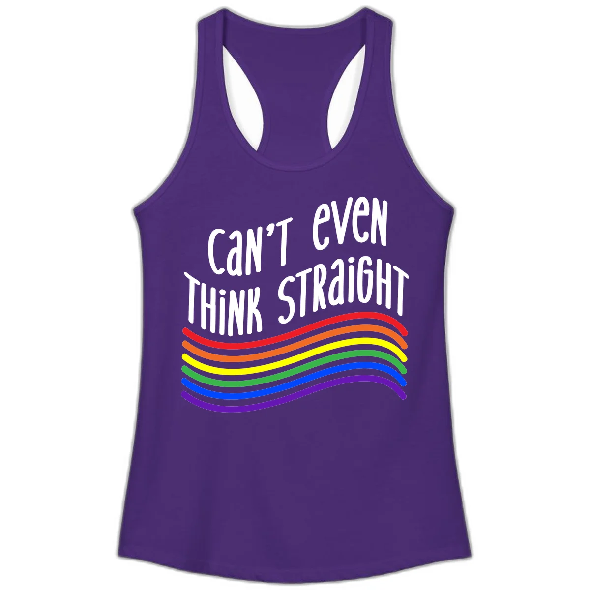 Design with white text 'Can't Even Think Straight' above flowing rainbow-colored wavy lines in pride flag colors on gray background in Solid Purple Rush