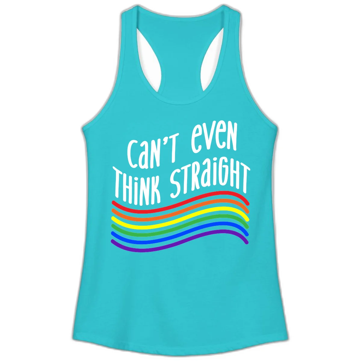 Design with white text 'Can't Even Think Straight' above flowing rainbow-colored wavy lines in pride flag colors on gray background in Solid Tahiti Blue