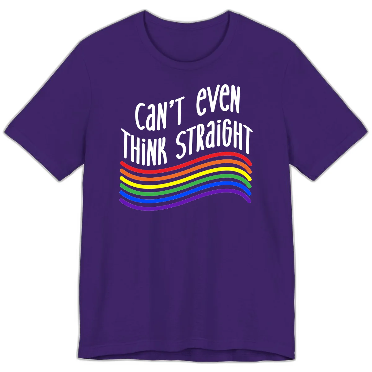 Design with white text 'Can't Even Think Straight' above flowing rainbow-colored wavy lines in pride flag colors on gray background in Team Purple