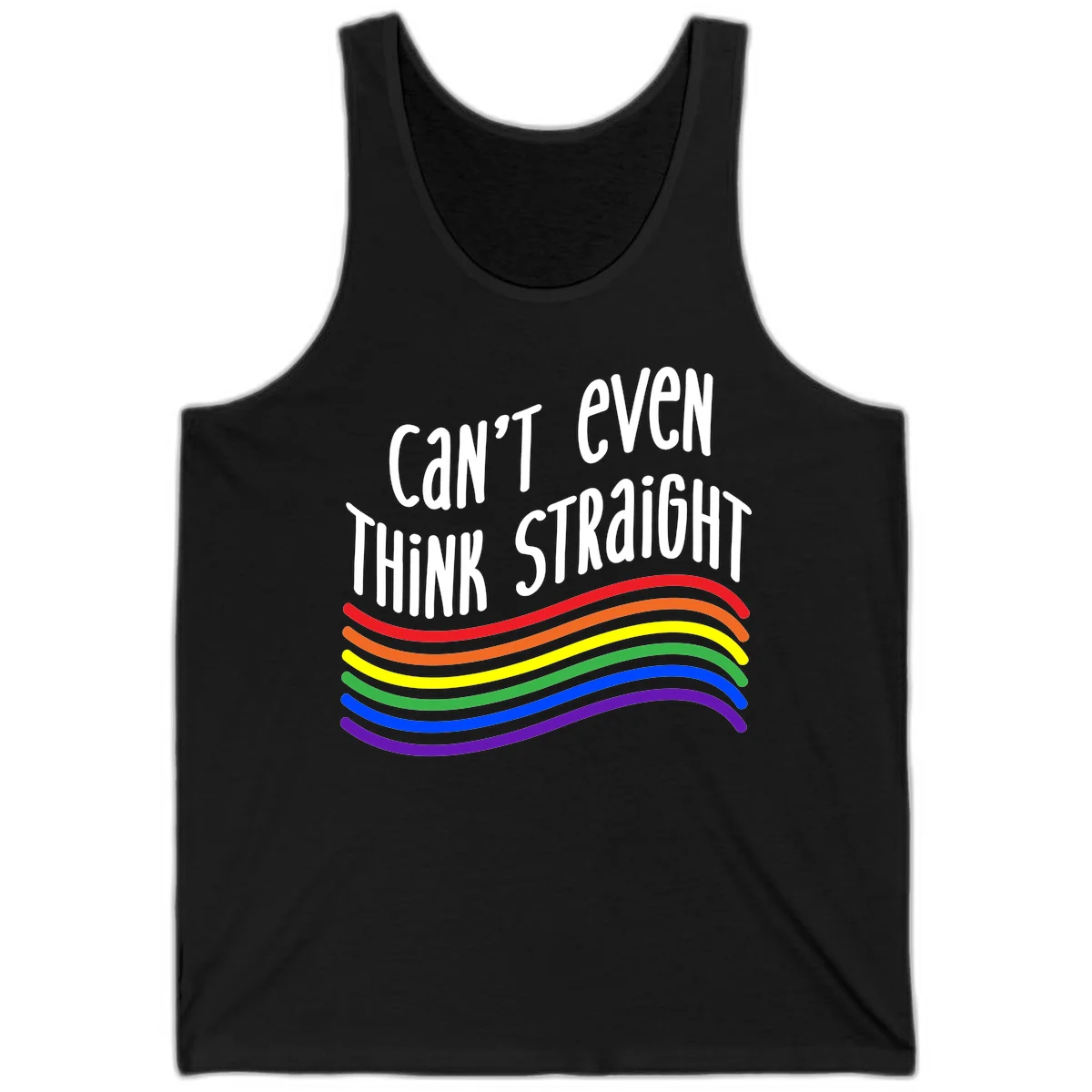 Design with white text 'Can't Even Think Straight' above flowing rainbow-colored wavy lines in pride flag colors on gray background in Black