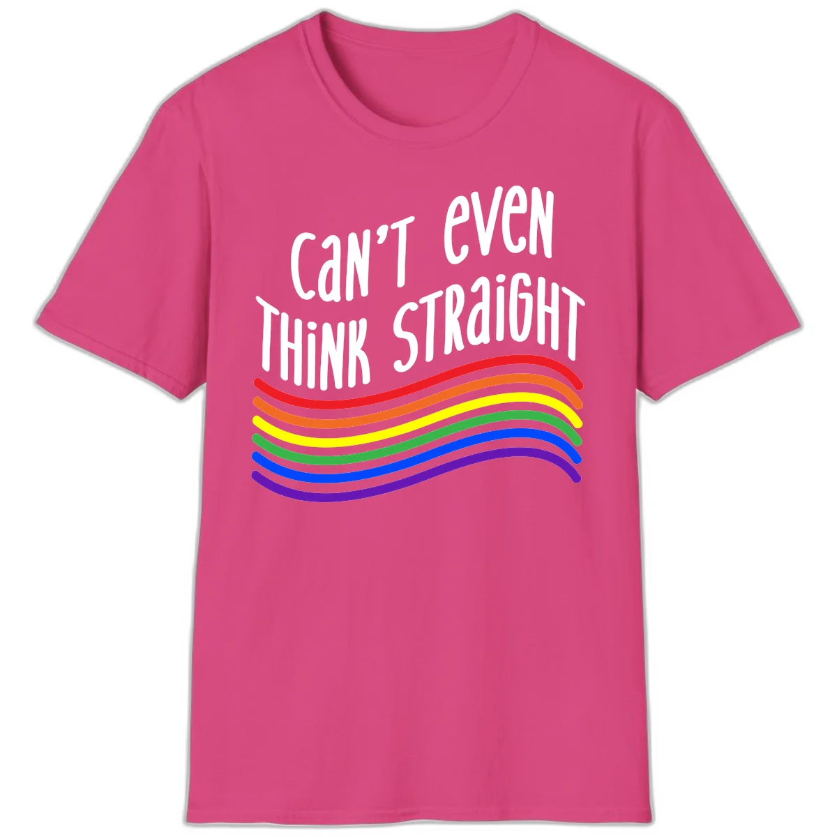 Design with white text 'Can't Even Think Straight' above flowing rainbow-colored wavy lines in pride flag colors on gray background in Heliconia