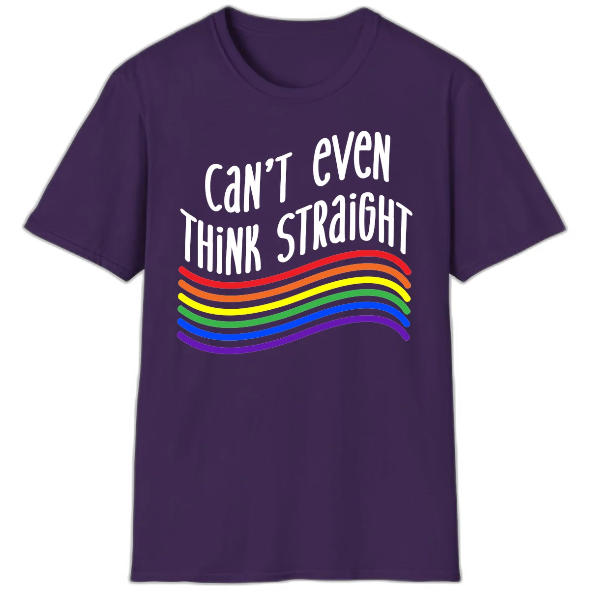 Design with white text 'Can't Even Think Straight' above flowing rainbow-colored wavy lines in pride flag colors on gray background in Purple