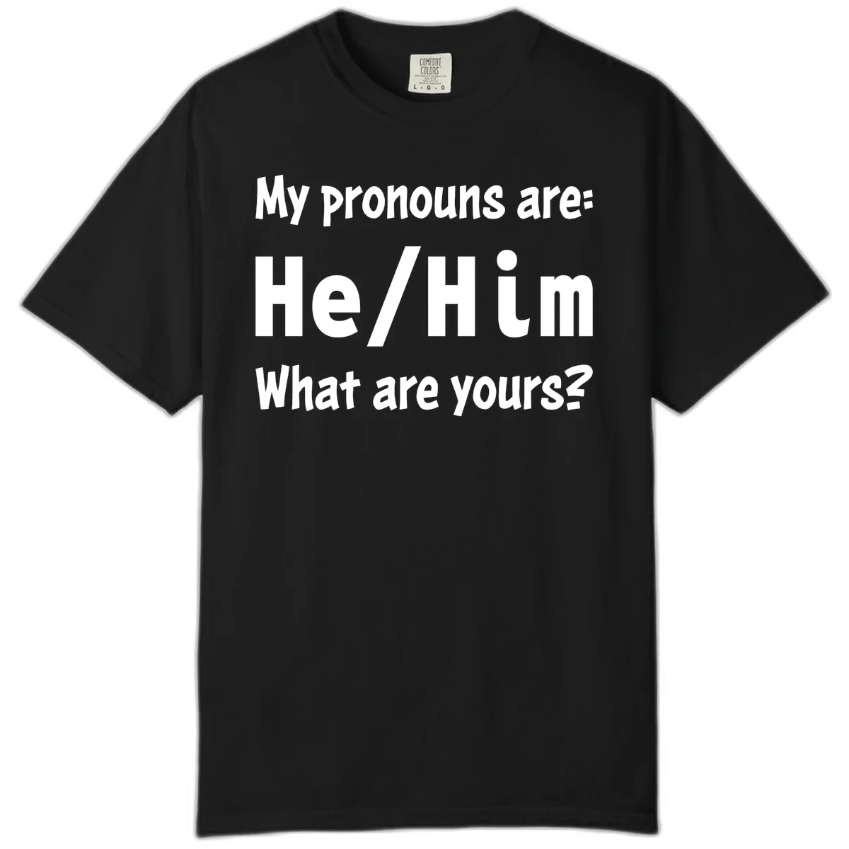 White text on gray background reading 'My pronouns are: He/Him What are yours?' - a he/him pronouns pride design in Black