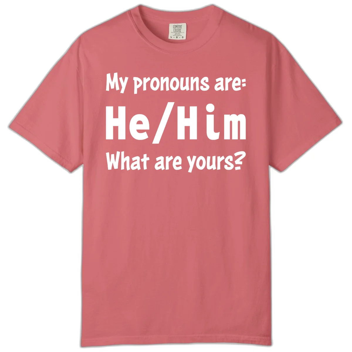 White text on gray background reading 'My pronouns are: He/Him What are yours?' - a he/him pronouns pride design in Watermelon