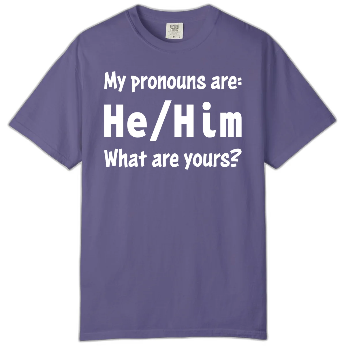 White text on gray background reading 'My pronouns are: He/Him What are yours?' - a he/him pronouns pride design in Grape