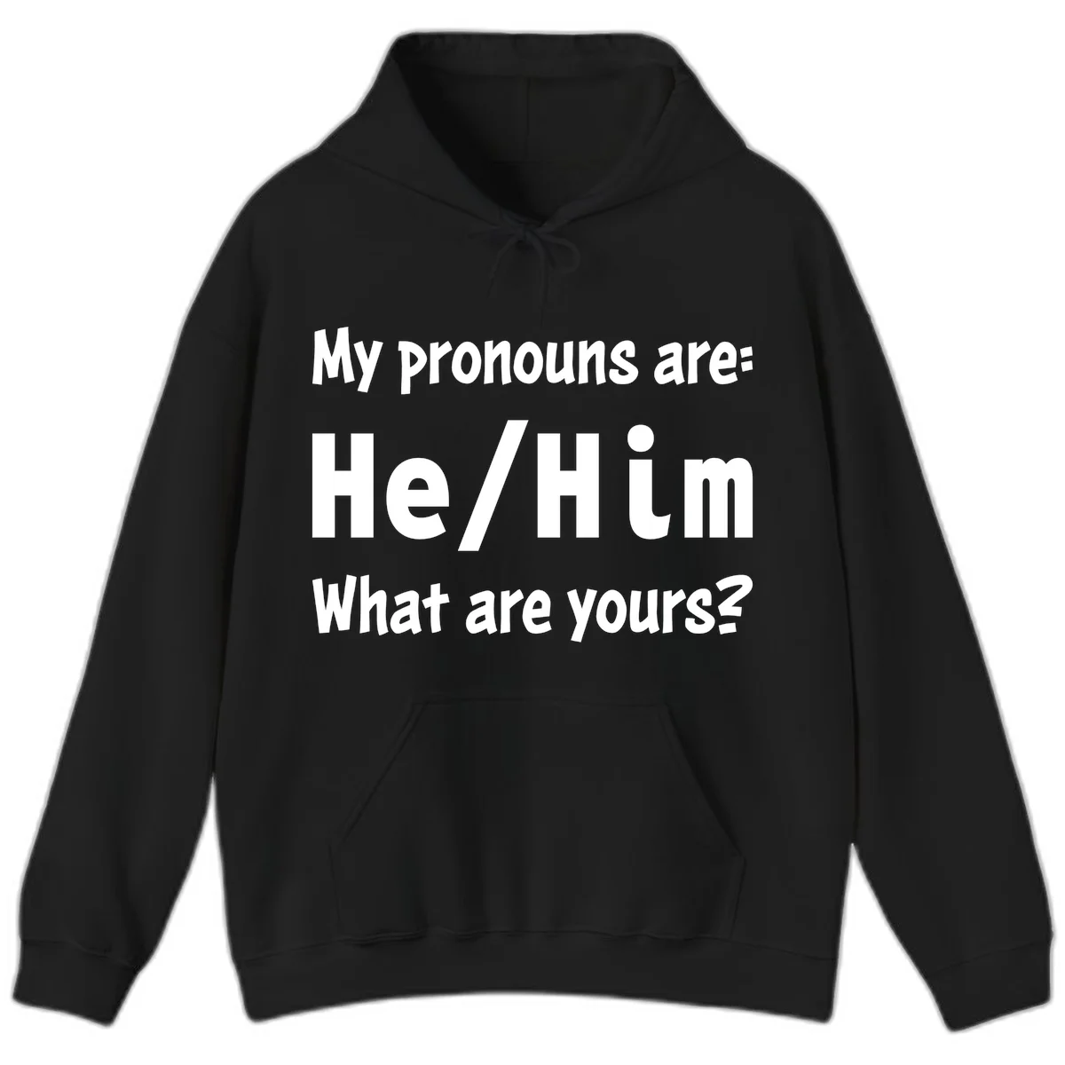 White text on gray background reading 'My pronouns are: He/Him What are yours?' - a he/him pronouns pride design in Black