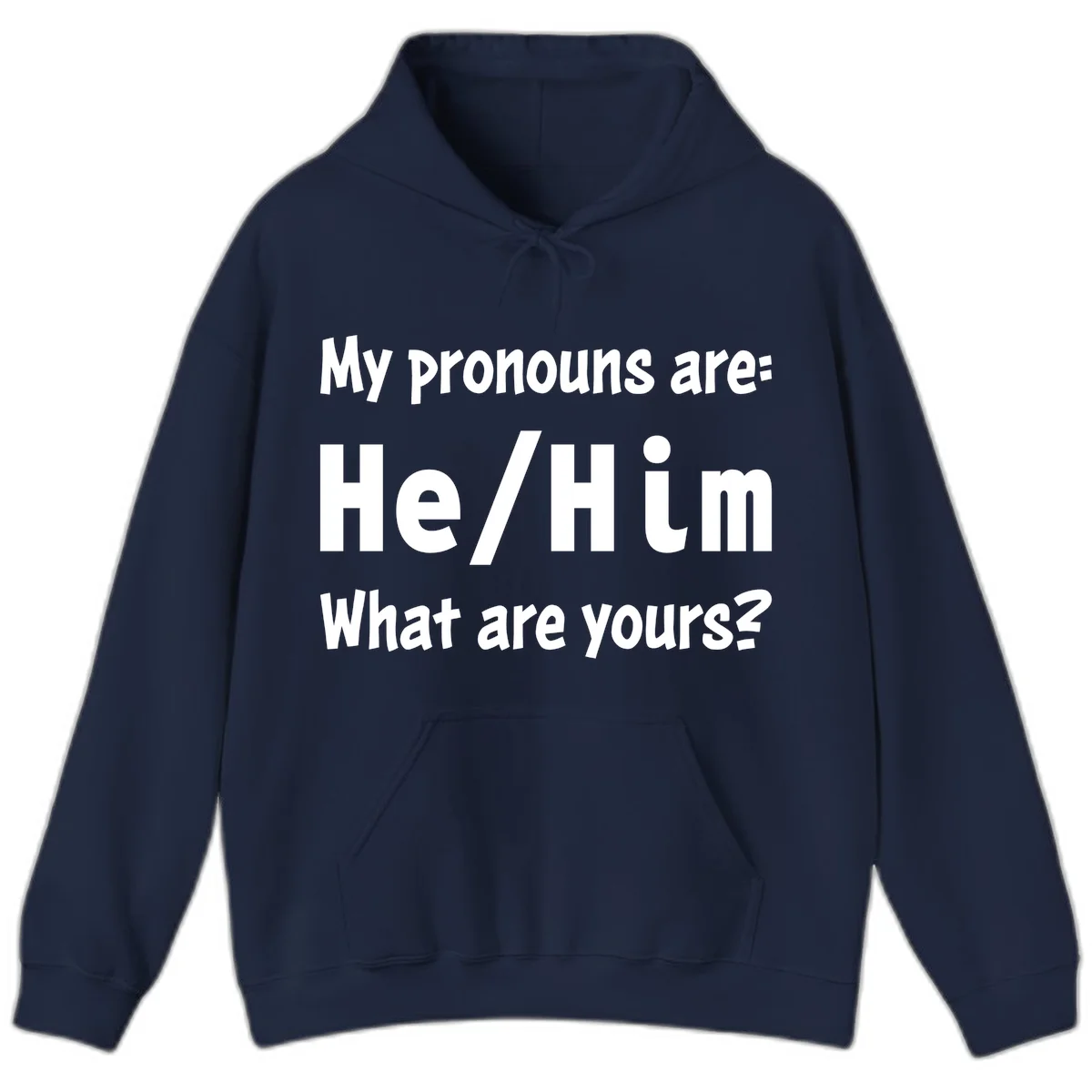 White text on gray background reading 'My pronouns are: He/Him What are yours?' - a he/him pronouns pride design in Navy