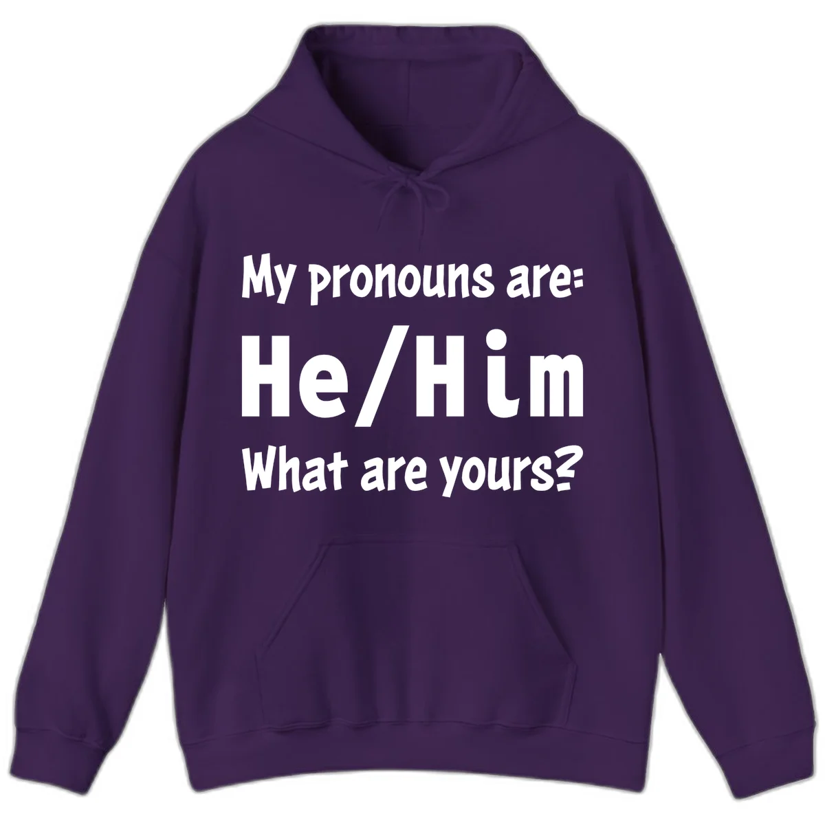 White text on gray background reading 'My pronouns are: He/Him What are yours?' - a he/him pronouns pride design in Purple