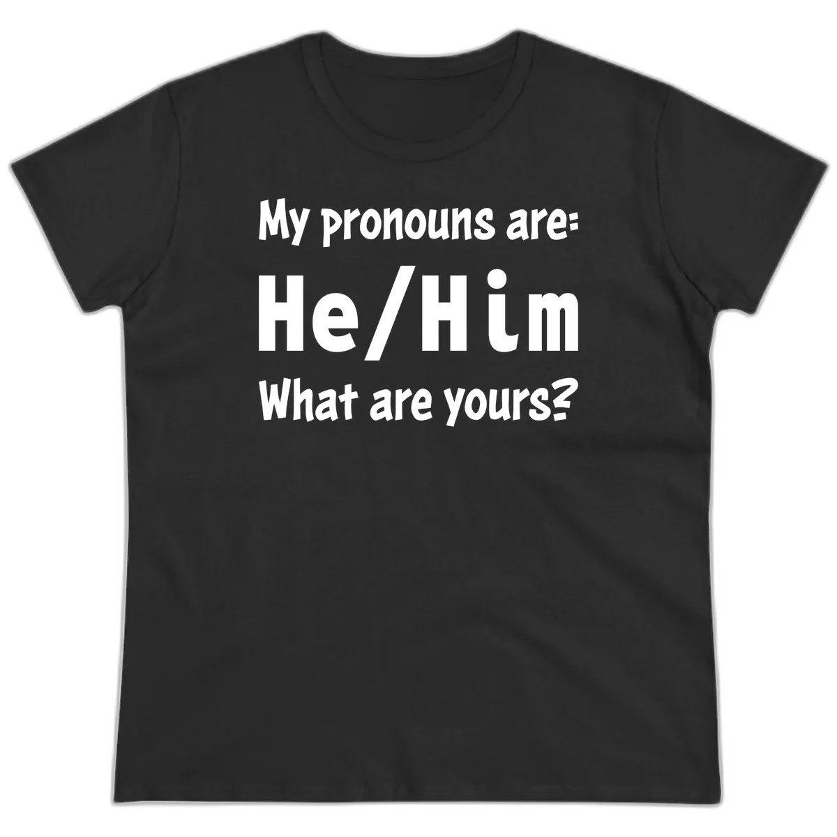 White text on gray background reading 'My pronouns are: He/Him What are yours?' - a he/him pronouns pride design in Black