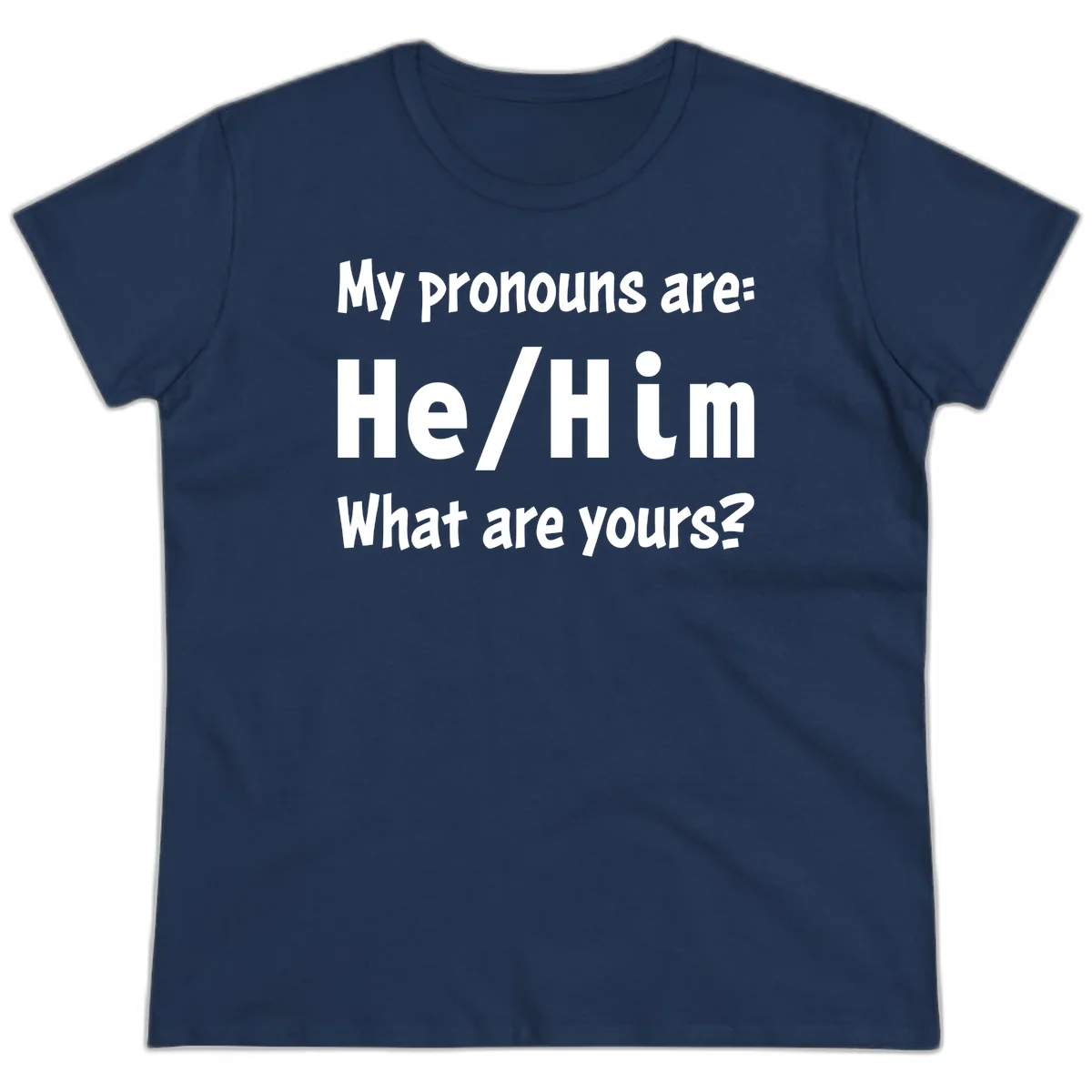 White text on gray background reading 'My pronouns are: He/Him What are yours?' - a he/him pronouns pride design in Navy