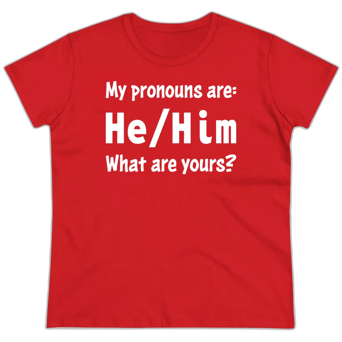 White text on gray background reading 'My pronouns are: He/Him What are yours?' - a he/him pronouns pride design in Red