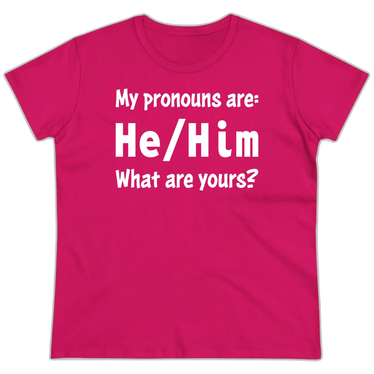 White text on gray background reading 'My pronouns are: He/Him What are yours?' - a he/him pronouns pride design in Heliconia