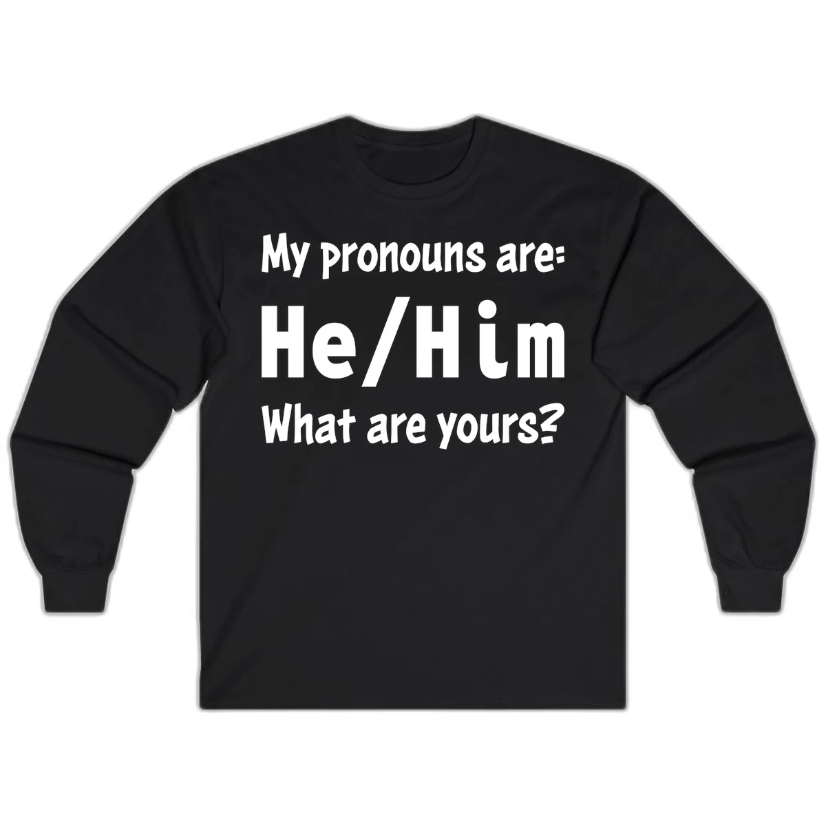 White text on gray background reading 'My pronouns are: He/Him What are yours?' - a he/him pronouns pride design in Black