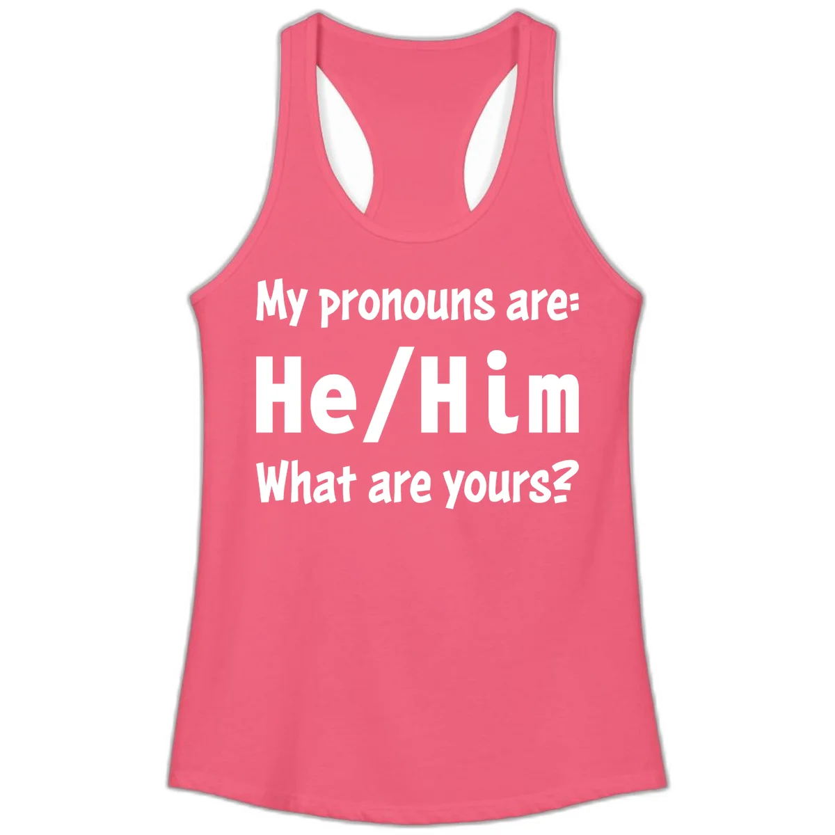 White text on gray background reading 'My pronouns are: He/Him What are yours?' - a he/him pronouns pride design in Hot Pink