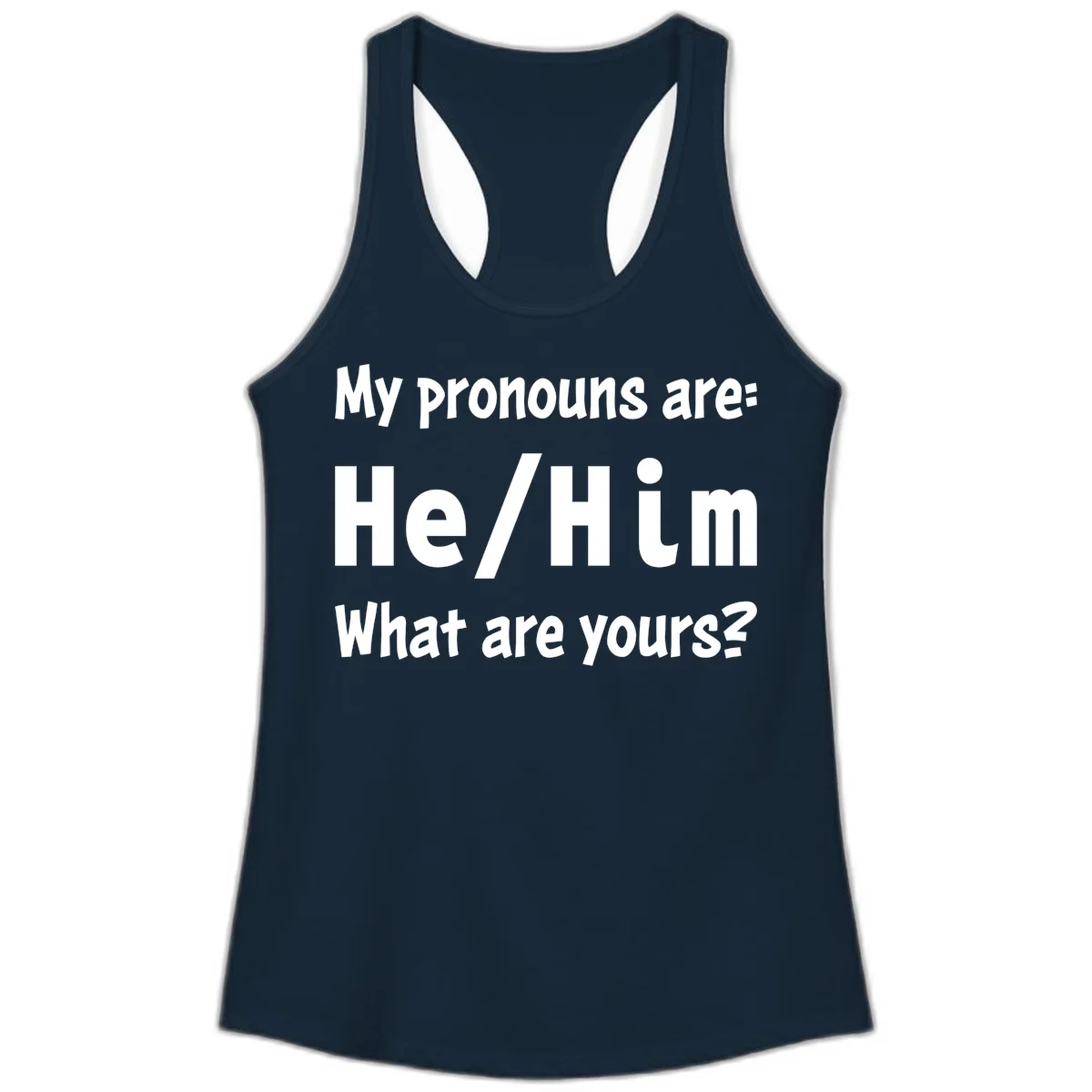 White text on gray background reading 'My pronouns are: He/Him What are yours?' - a he/him pronouns pride design in Solid Midnight Navy