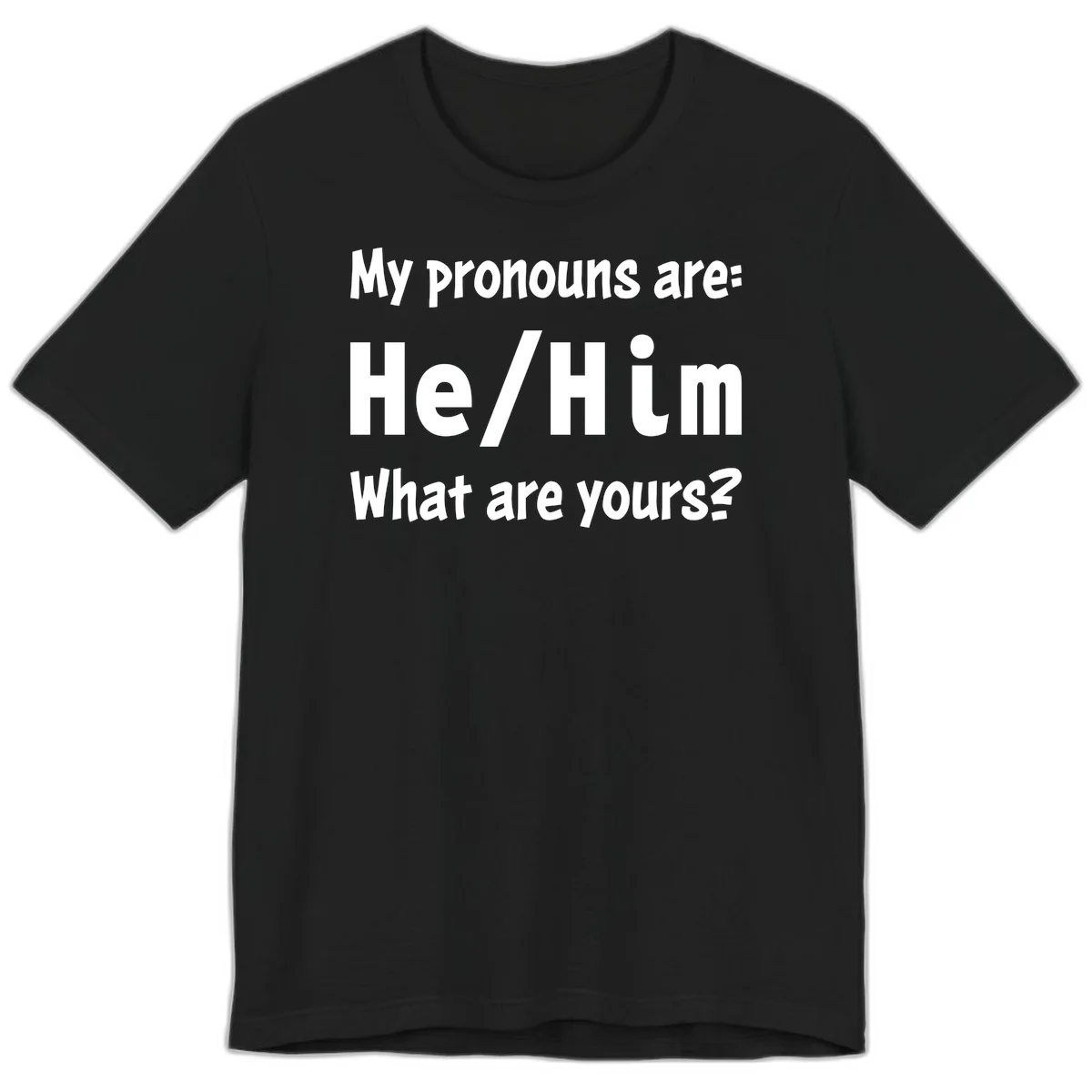 White text on gray background reading 'My pronouns are: He/Him What are yours?' - a he/him pronouns pride design in Black