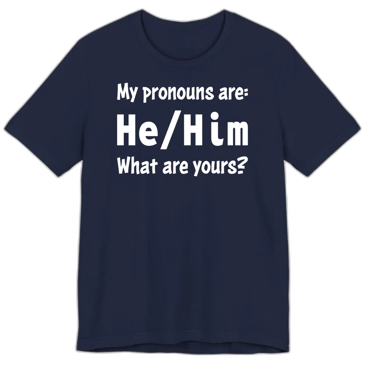 White text on gray background reading 'My pronouns are: He/Him What are yours?' - a he/him pronouns pride design in Navy