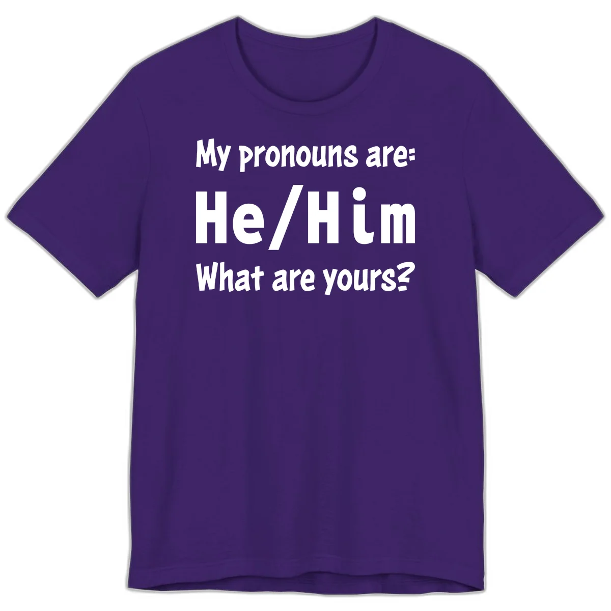 White text on gray background reading 'My pronouns are: He/Him What are yours?' - a he/him pronouns pride design in Team Purple