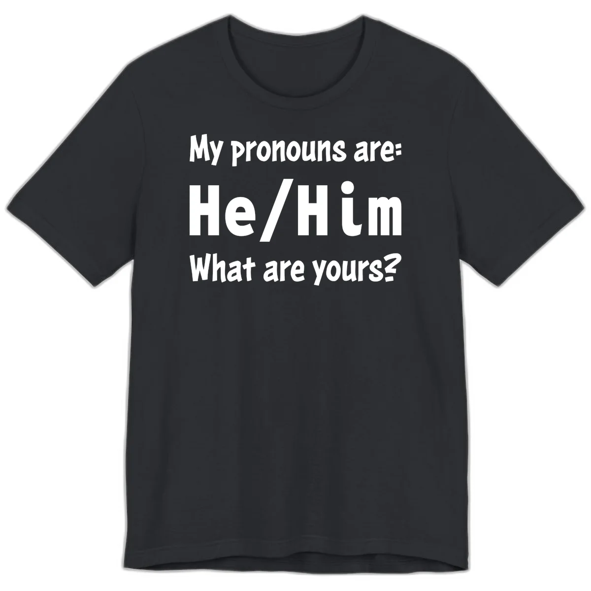 White text on gray background reading 'My pronouns are: He/Him What are yours?' - a he/him pronouns pride design in Vintage Black