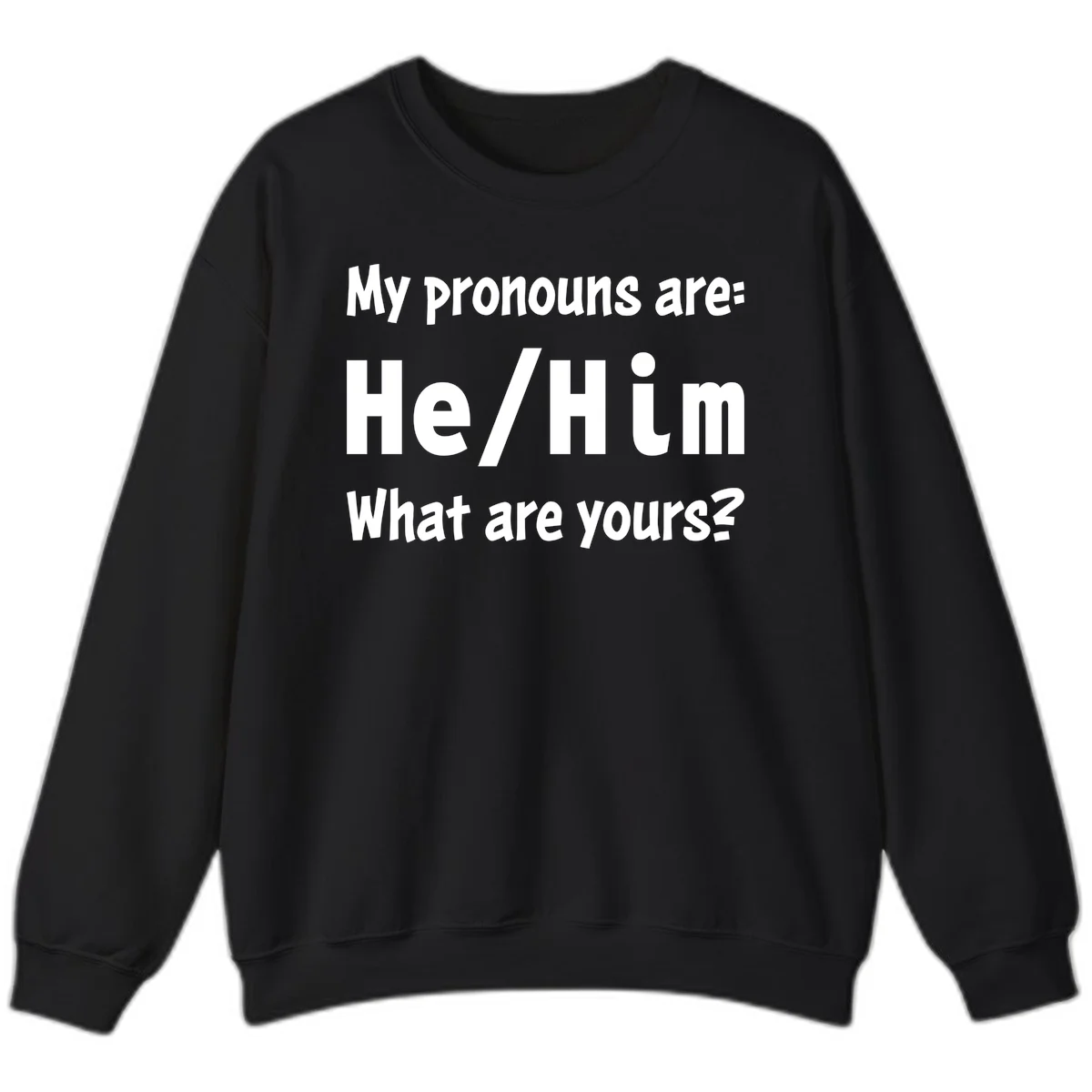 White text on gray background reading 'My pronouns are: He/Him What are yours?' - a he/him pronouns pride design in Black