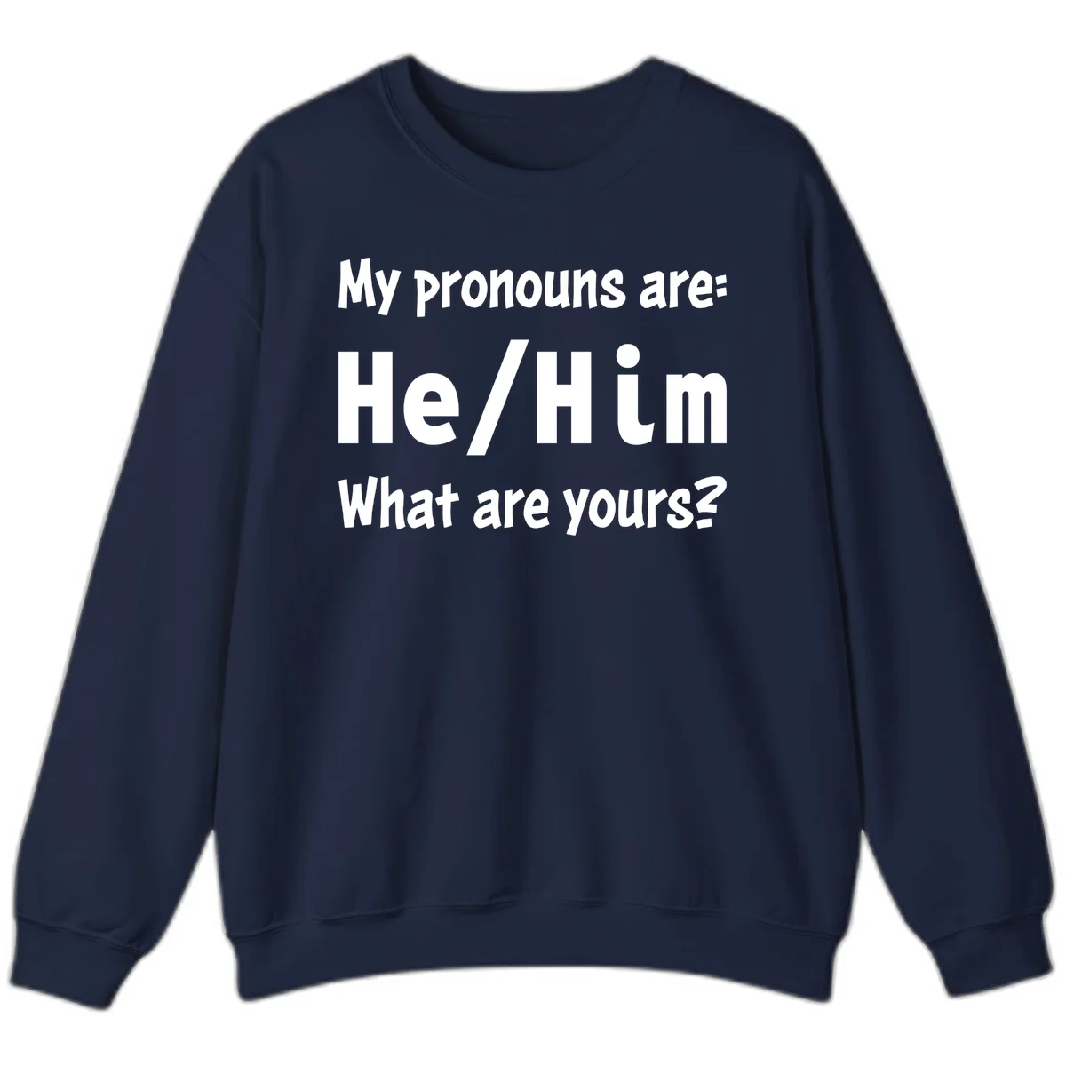 White text on gray background reading 'My pronouns are: He/Him What are yours?' - a he/him pronouns pride design in Navy
