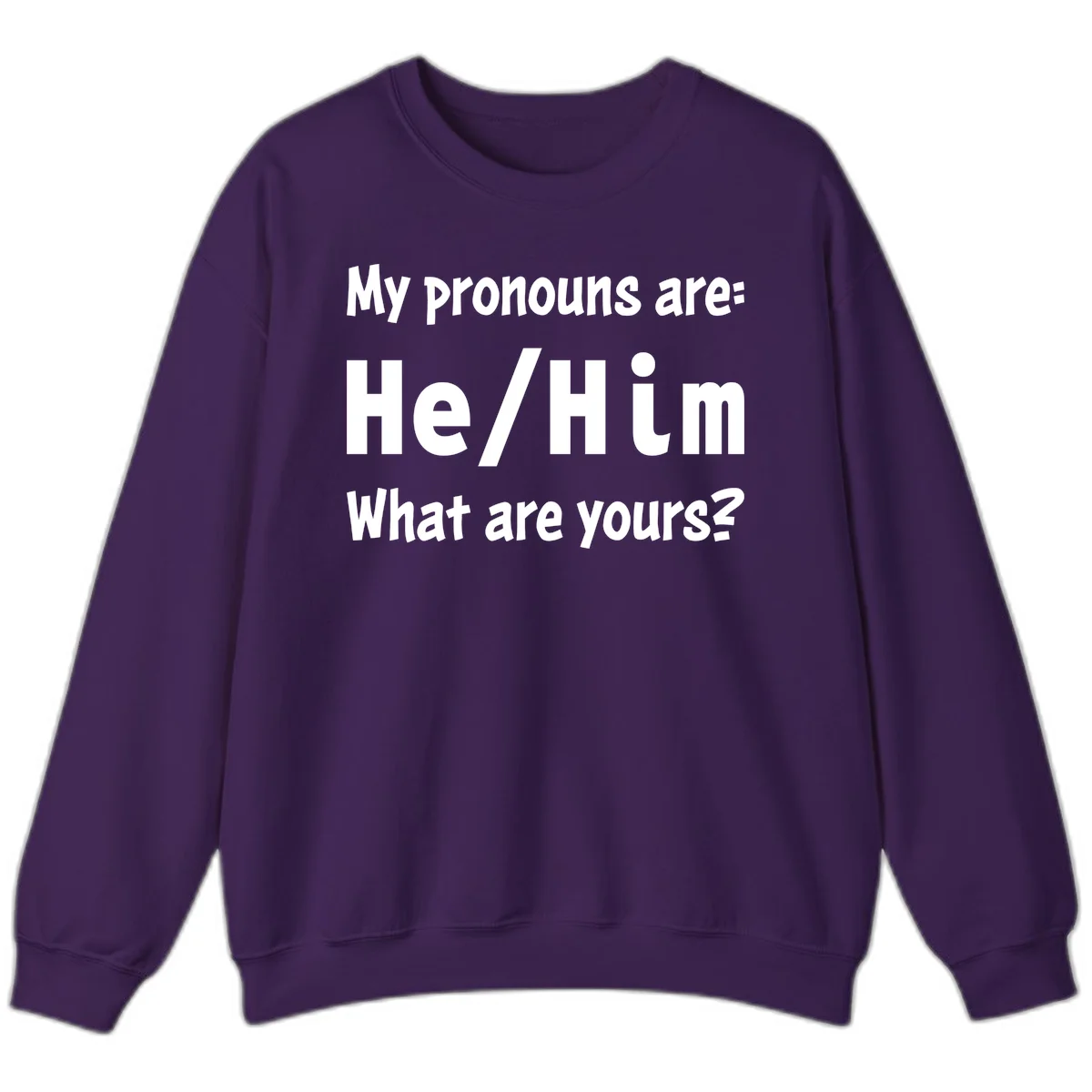 White text on gray background reading 'My pronouns are: He/Him What are yours?' - a he/him pronouns pride design in Purple