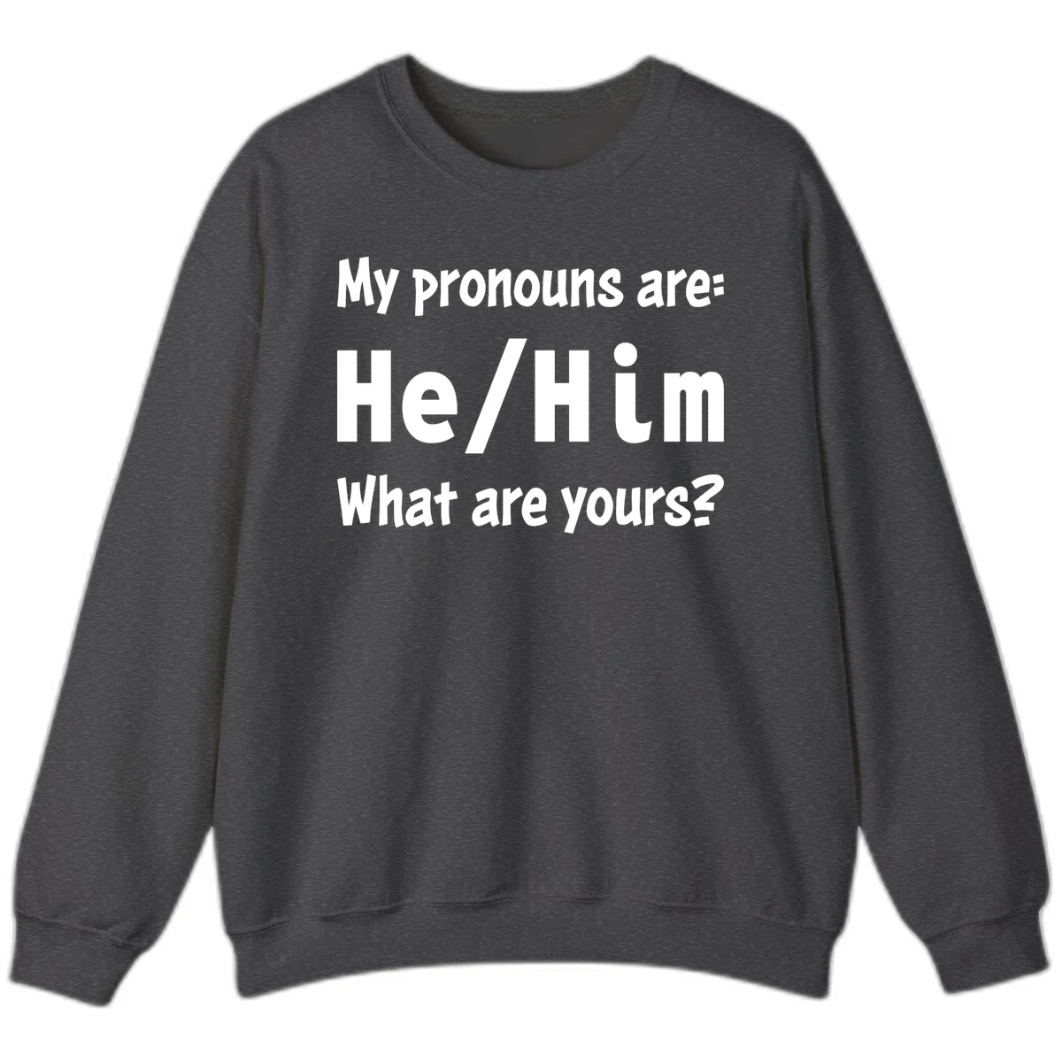 White text on gray background reading 'My pronouns are: He/Him What are yours?' - a he/him pronouns pride design in Dark Heather