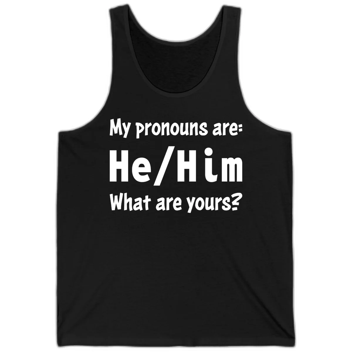 White text on gray background reading 'My pronouns are: He/Him What are yours?' - a he/him pronouns pride design in Black