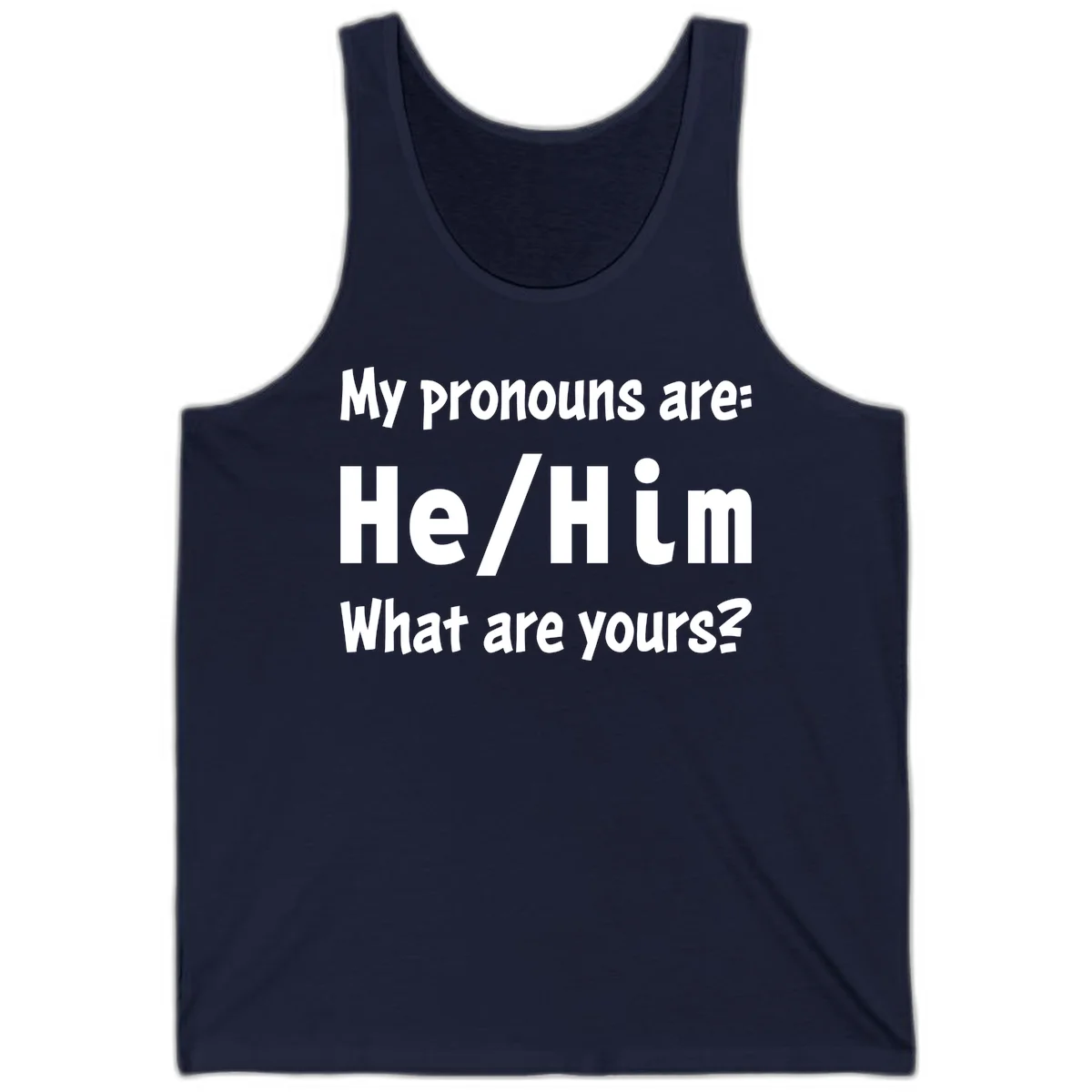 White text on gray background reading 'My pronouns are: He/Him What are yours?' - a he/him pronouns pride design in Navy