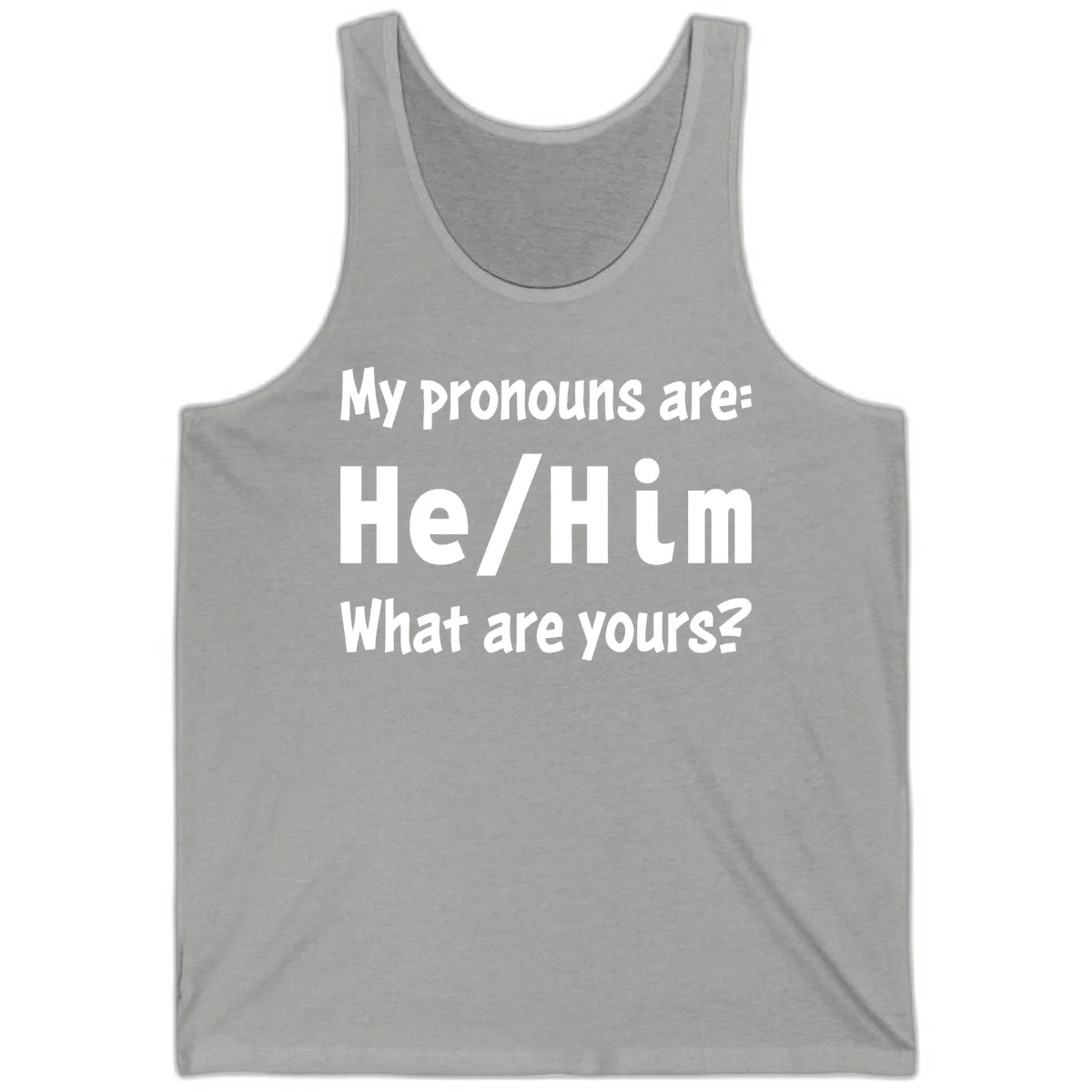 White text on gray background reading 'My pronouns are: He/Him What are yours?' - a he/him pronouns pride design in Athletic Heather