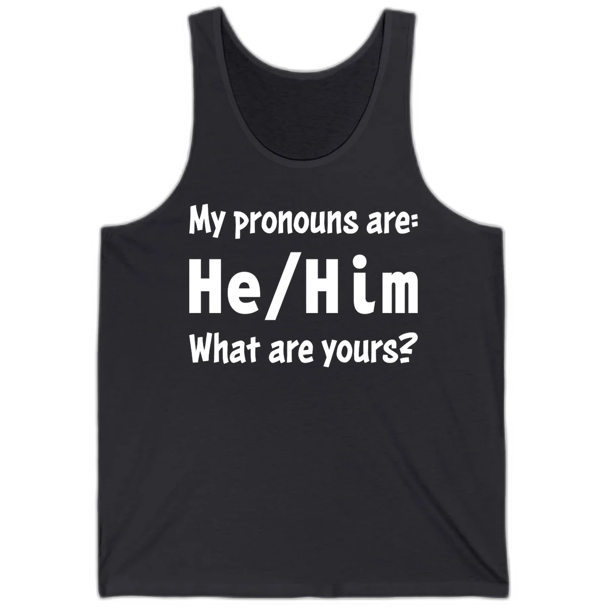 White text on gray background reading 'My pronouns are: He/Him What are yours?' - a he/him pronouns pride design in Dark Grey