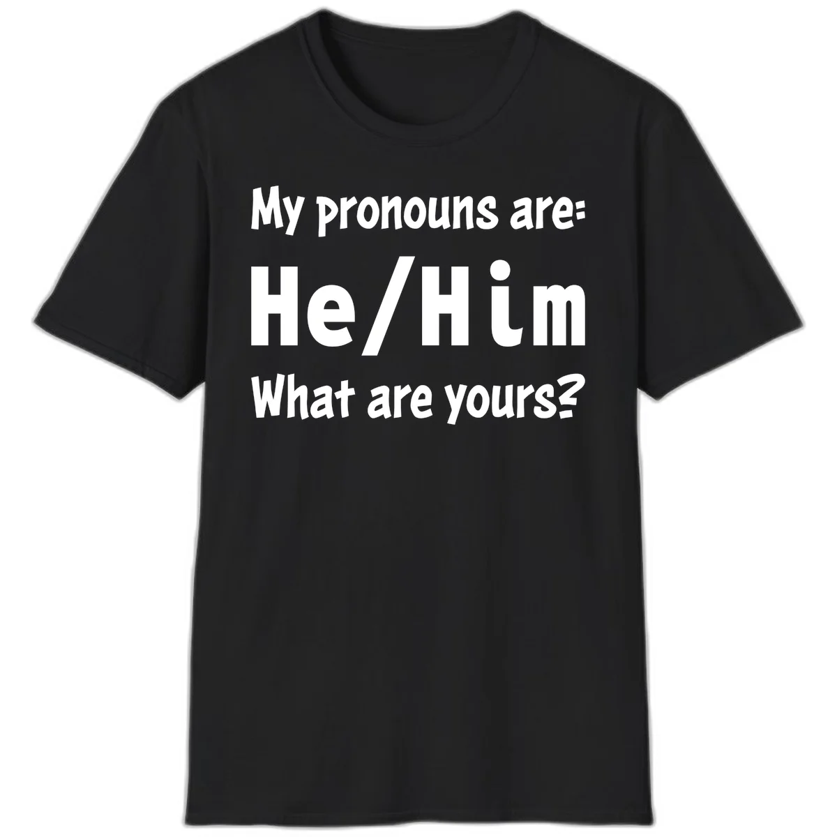 White text on gray background reading 'My pronouns are: He/Him What are yours?' - a he/him pronouns pride design in Black