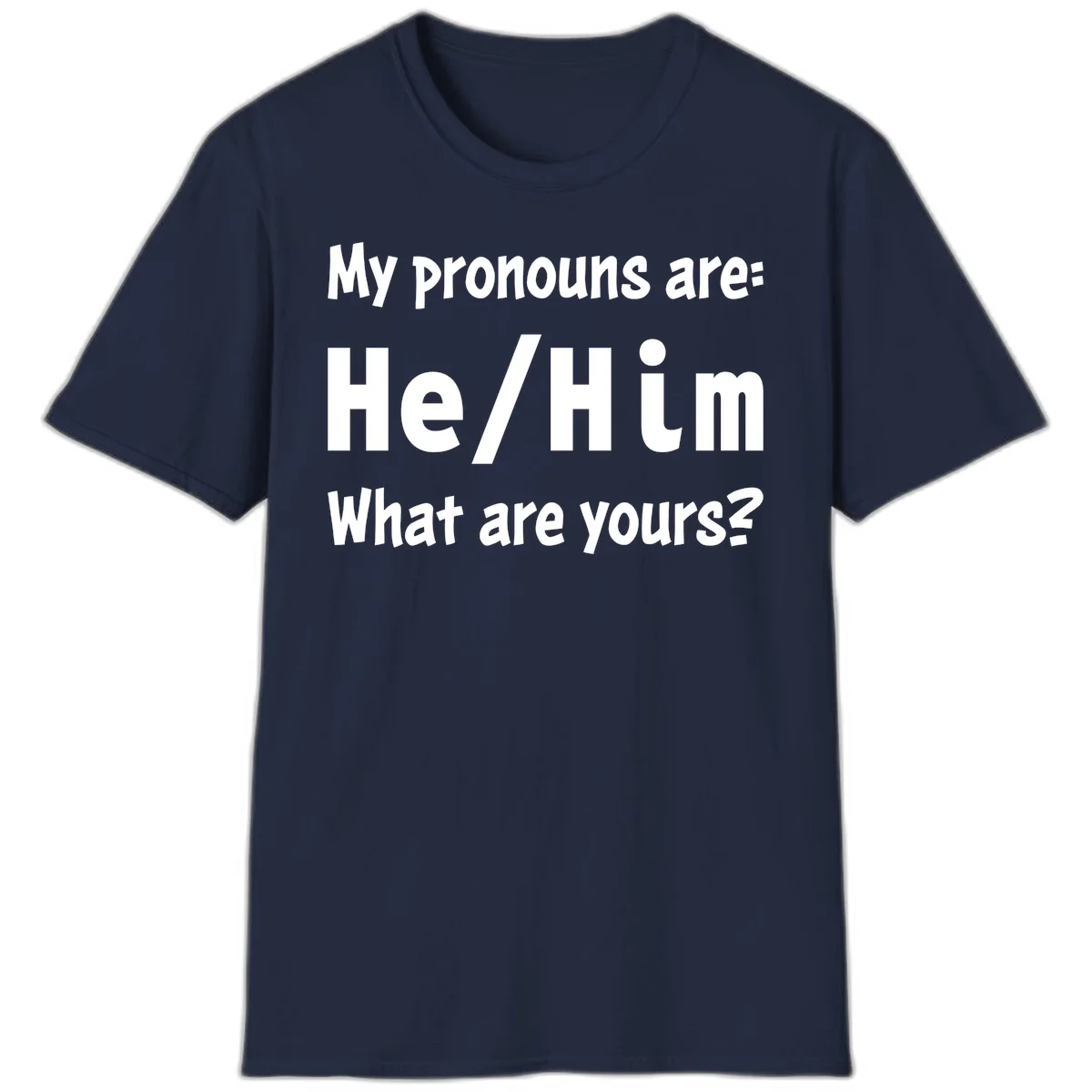 White text on gray background reading 'My pronouns are: He/Him What are yours?' - a he/him pronouns pride design in Navy